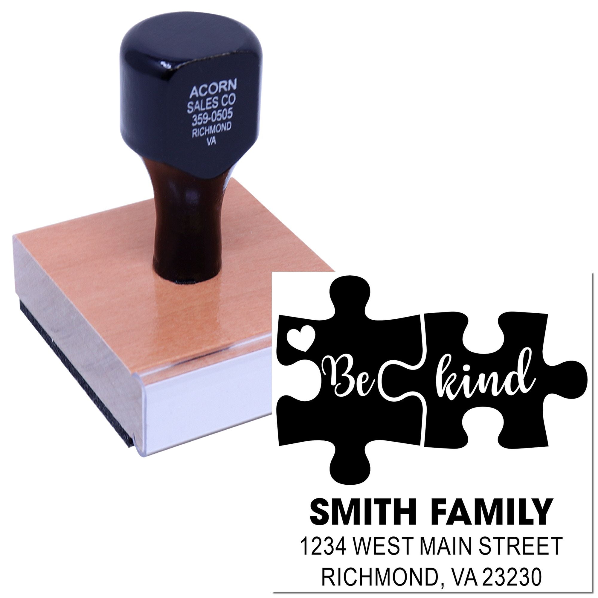 Custom rubber address stamp with Be Kind puzzle design, personalized with family name and Richmond, VA address for mailings.