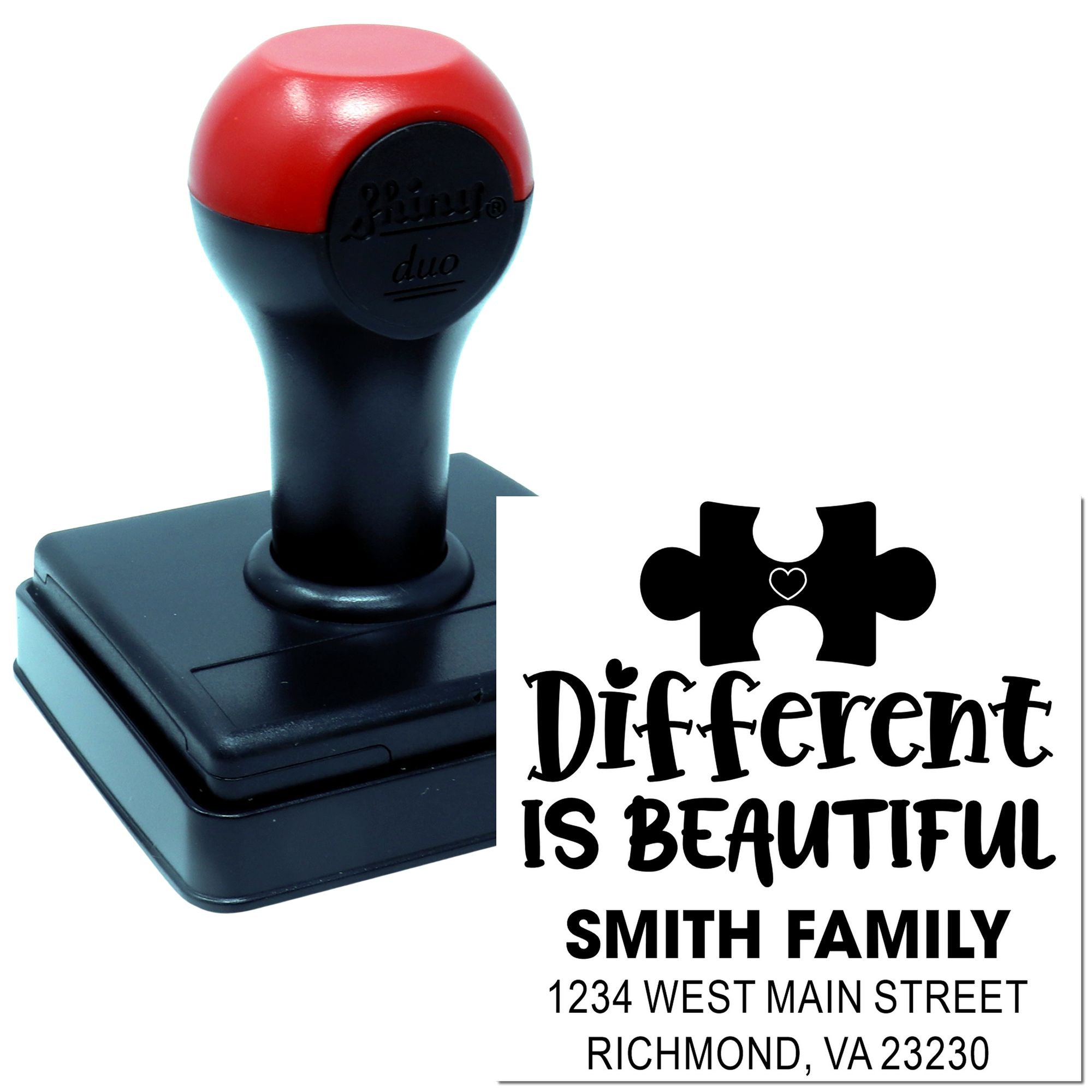 Custom self-inking rubber stamp with Different Is Beautiful puzzle design and personalized Smith Family address.