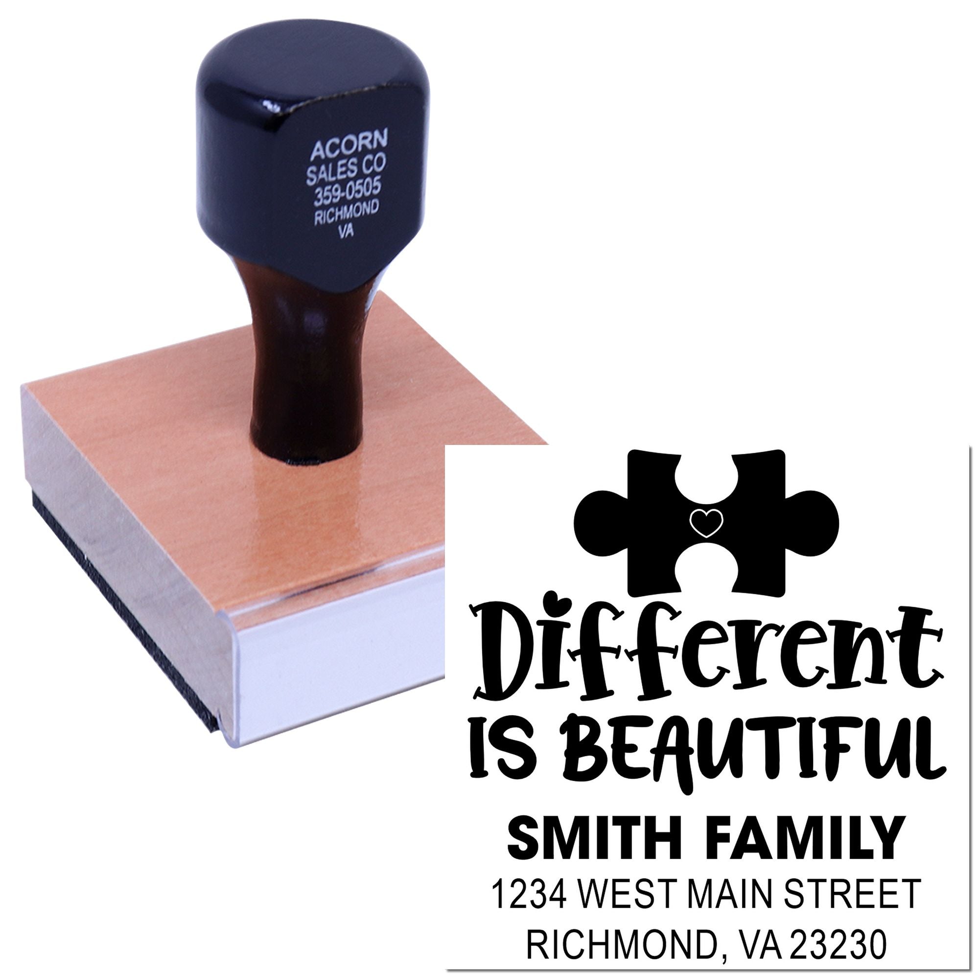 Custom family address rubber stamp with Different Is Beautiful design for personalized mail, crafts, and gifts.