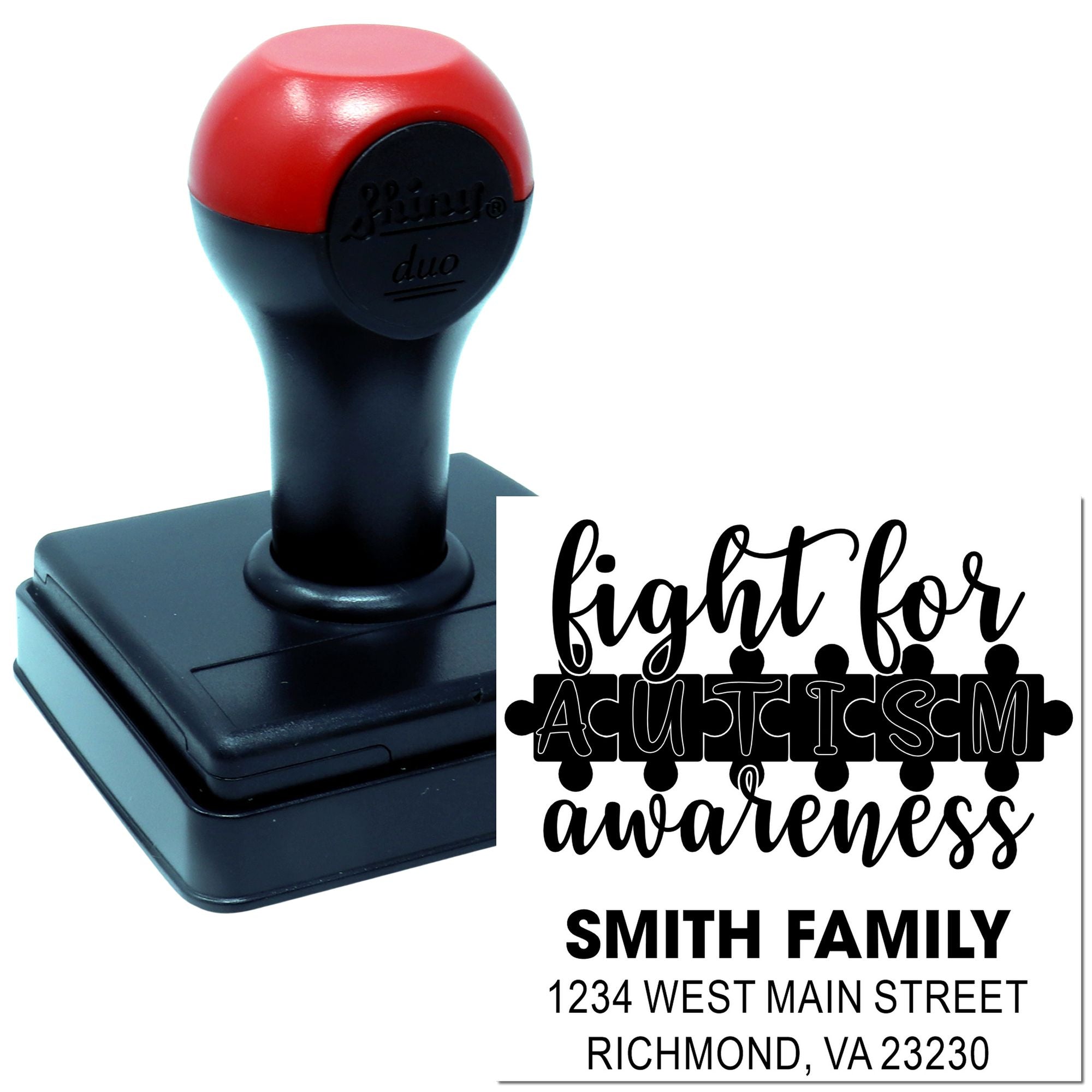 Custom self-inking rubber stamp for autism awareness with fight for autism awareness design and Smith family address.