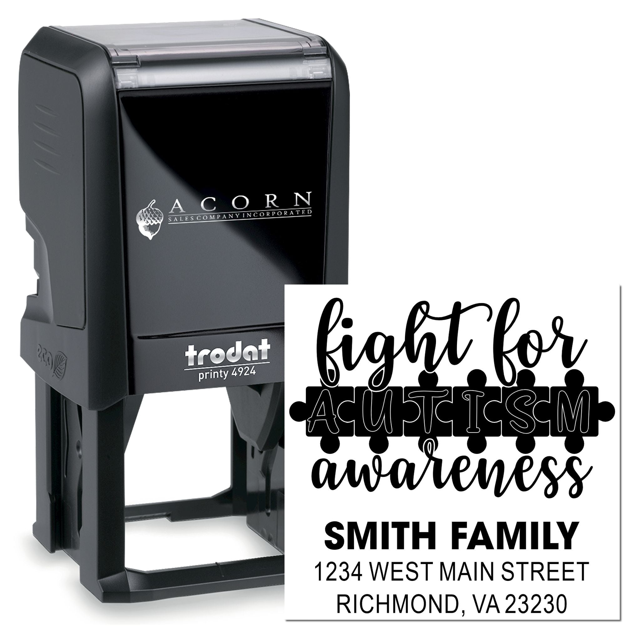 Custom self-inking rubber stamp with autism awareness design and family address, shown in a Trodat Printy 4924 case.