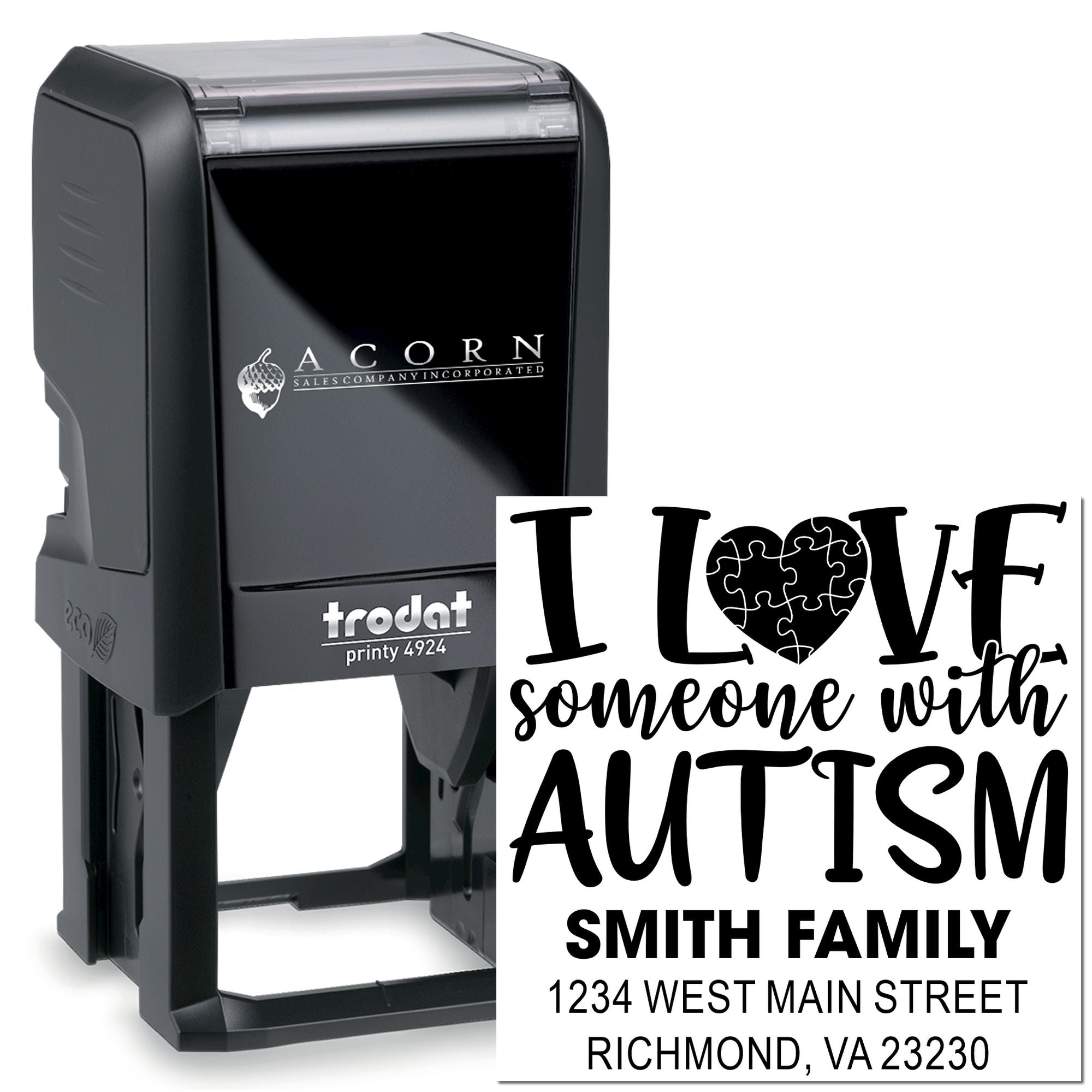 Trodat Printy 4924 custom self-inking rubber stamp with autism awareness design and personalized family address imprint.