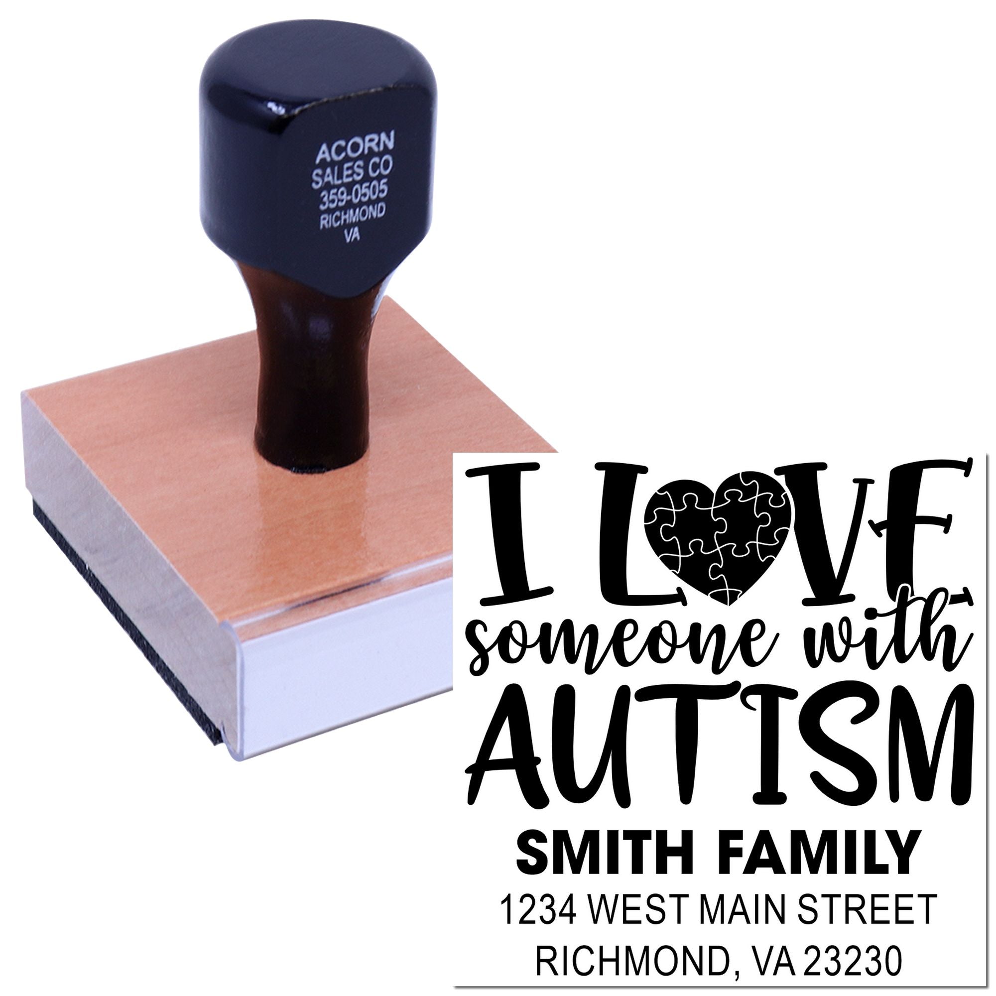 Custom rubber stamp with autism awareness message and personalized Smith Family return address.