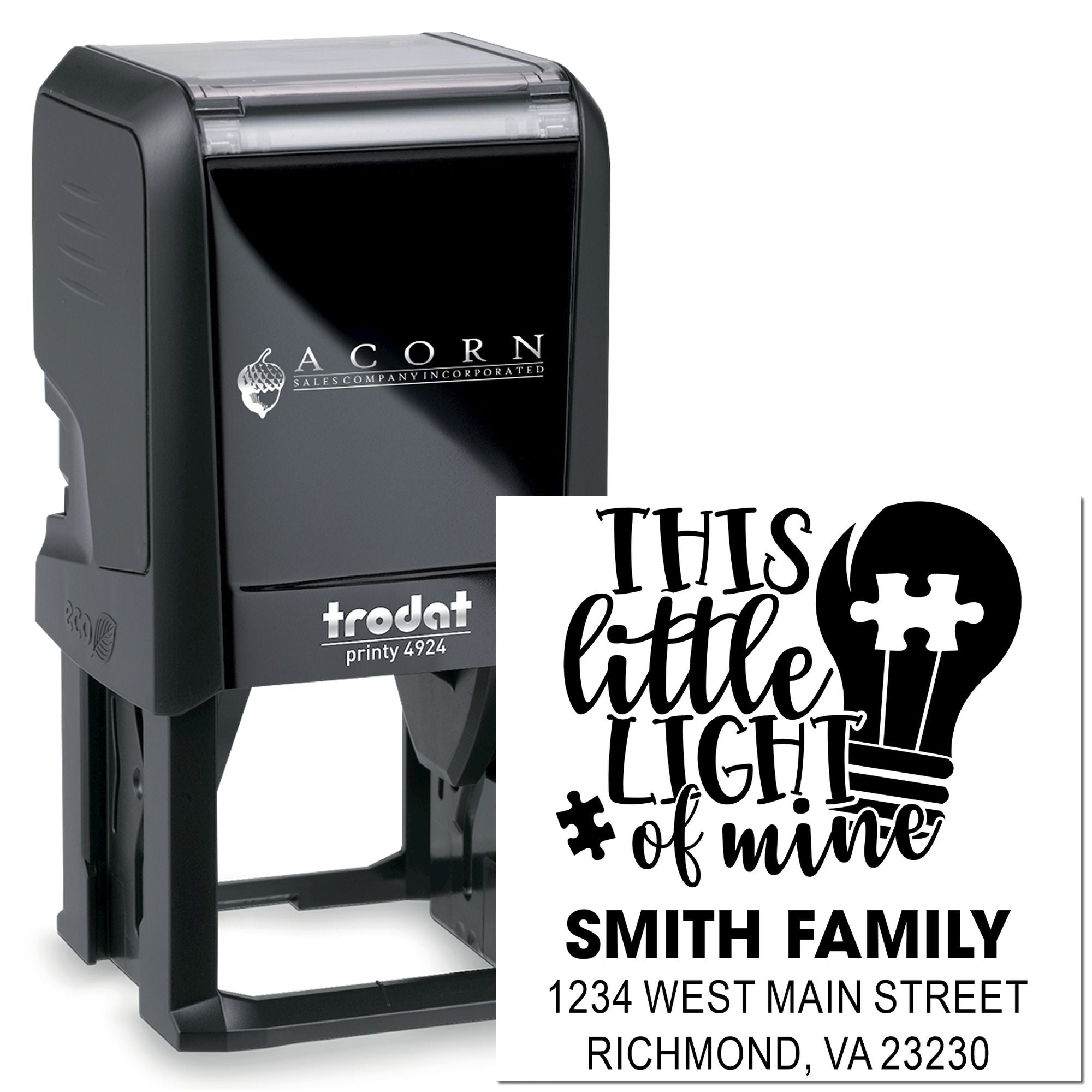 Custom self-inking rubber stamp with This Little Light of Mine design, Smith Family name, and return address.