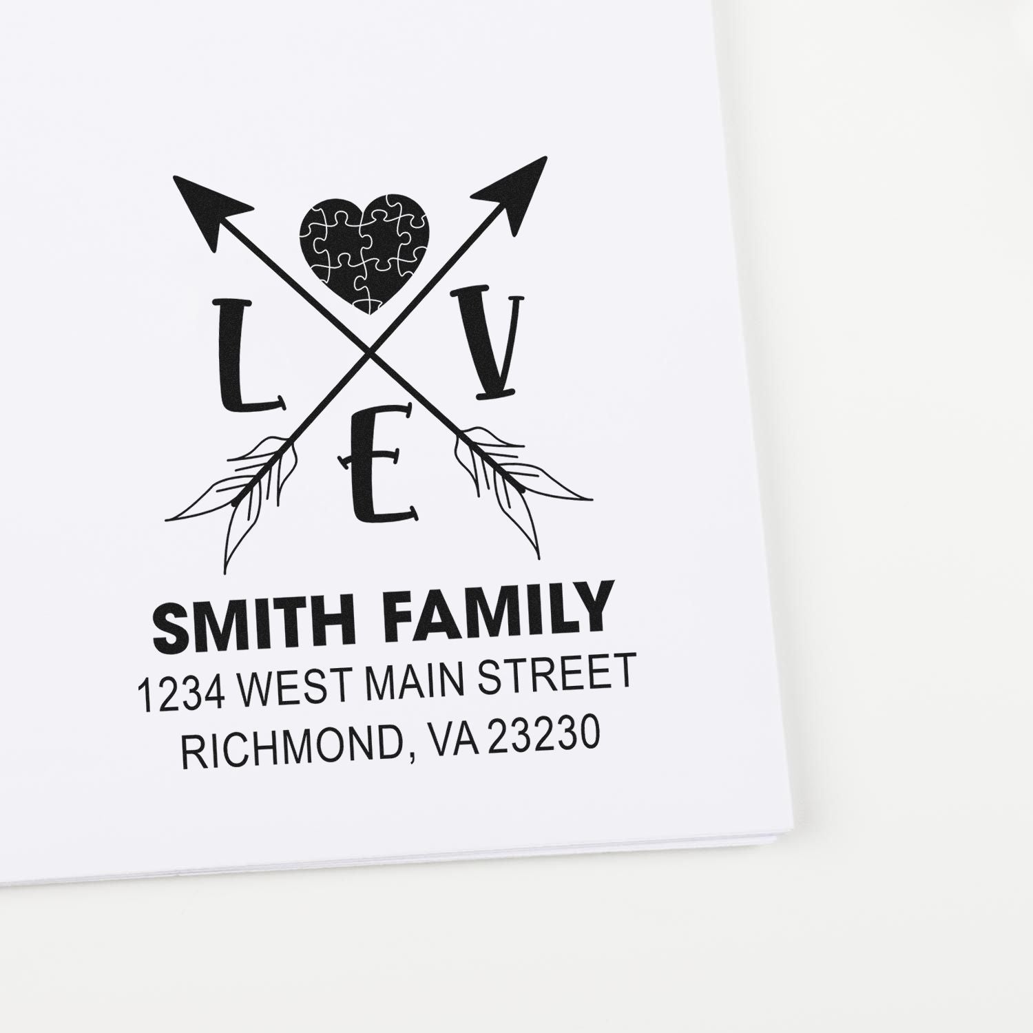 Custom family address rubber stamp with LOVE monogram, Smith family, Richmond, VA personalized stamp design