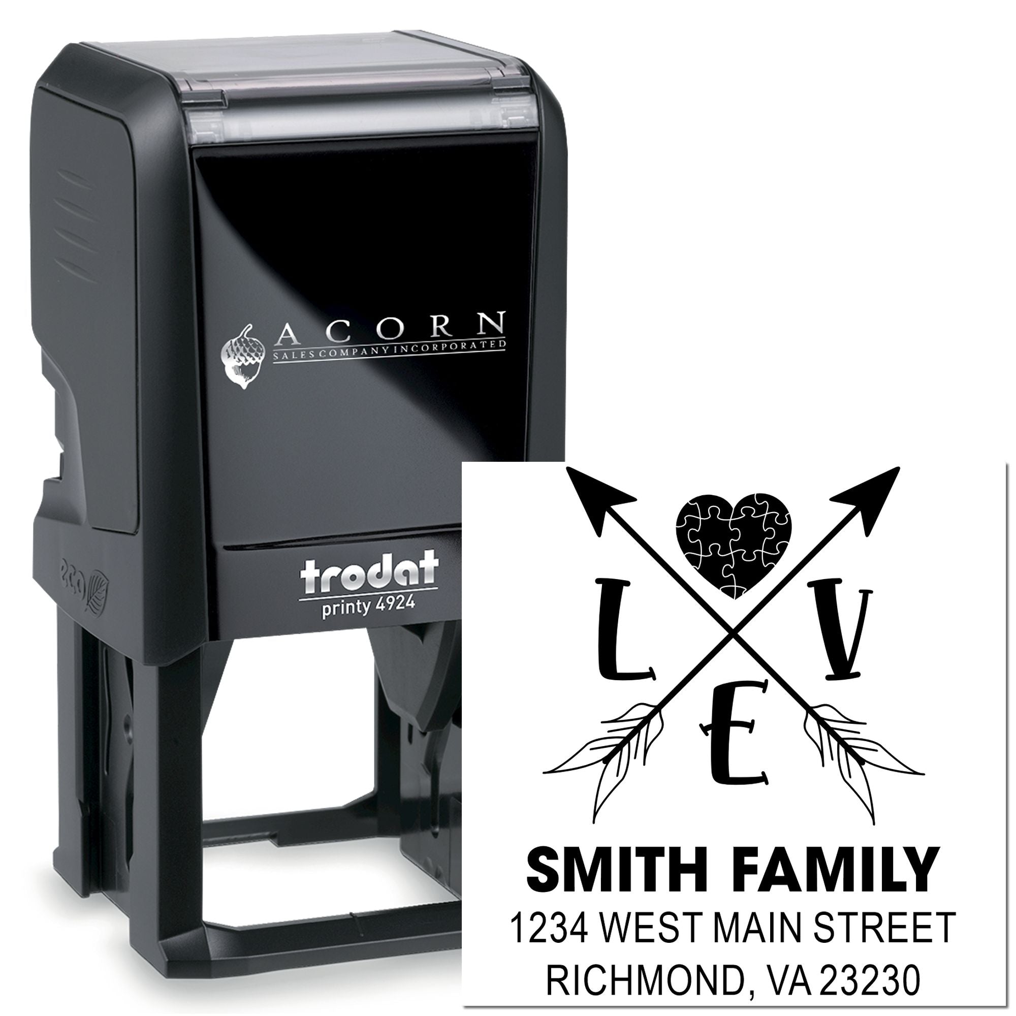 Custom self-inking rubber stamp by Trodat Printy 4924 with family monogram and return address for personalized mailing.