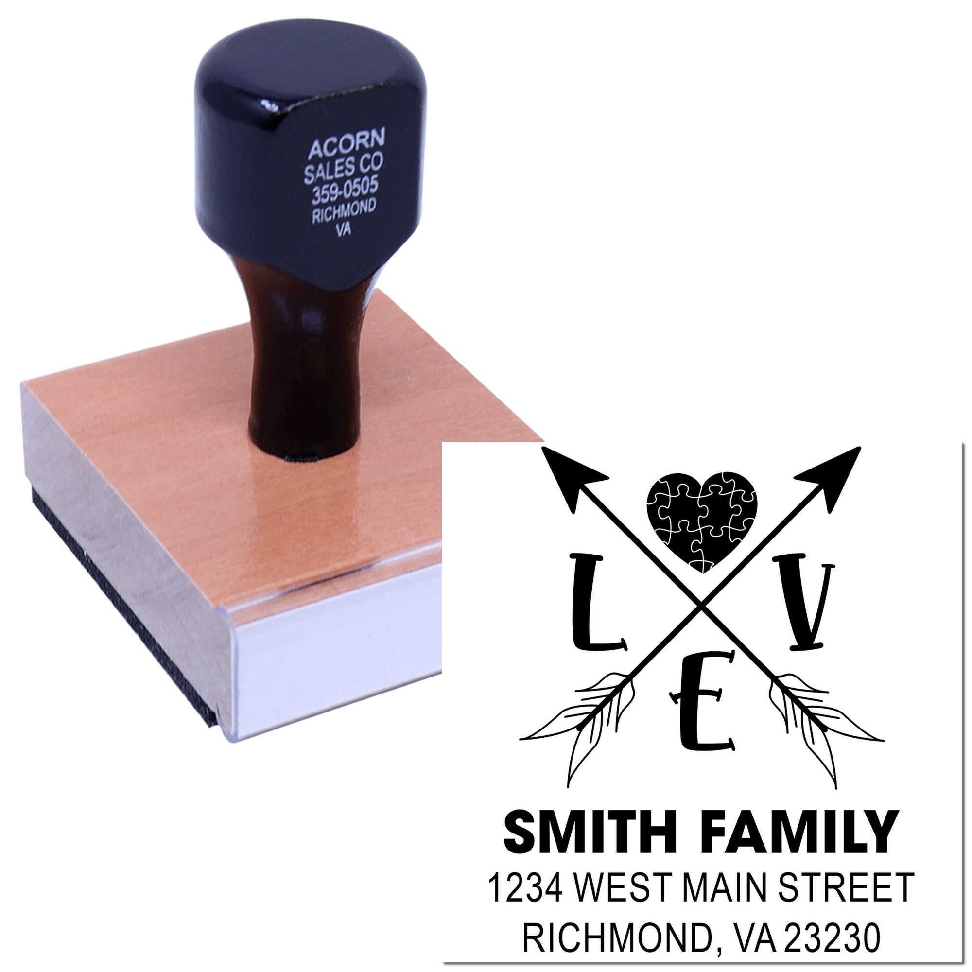 Custom rubber address stamp with personalized family monogram design for envelopes, wedding invitations, and stationery.