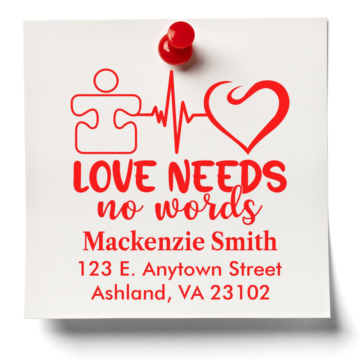 Custom rubber address stamp with Love Needs No Words, heart and heartbeat design, plus personalized name and address.