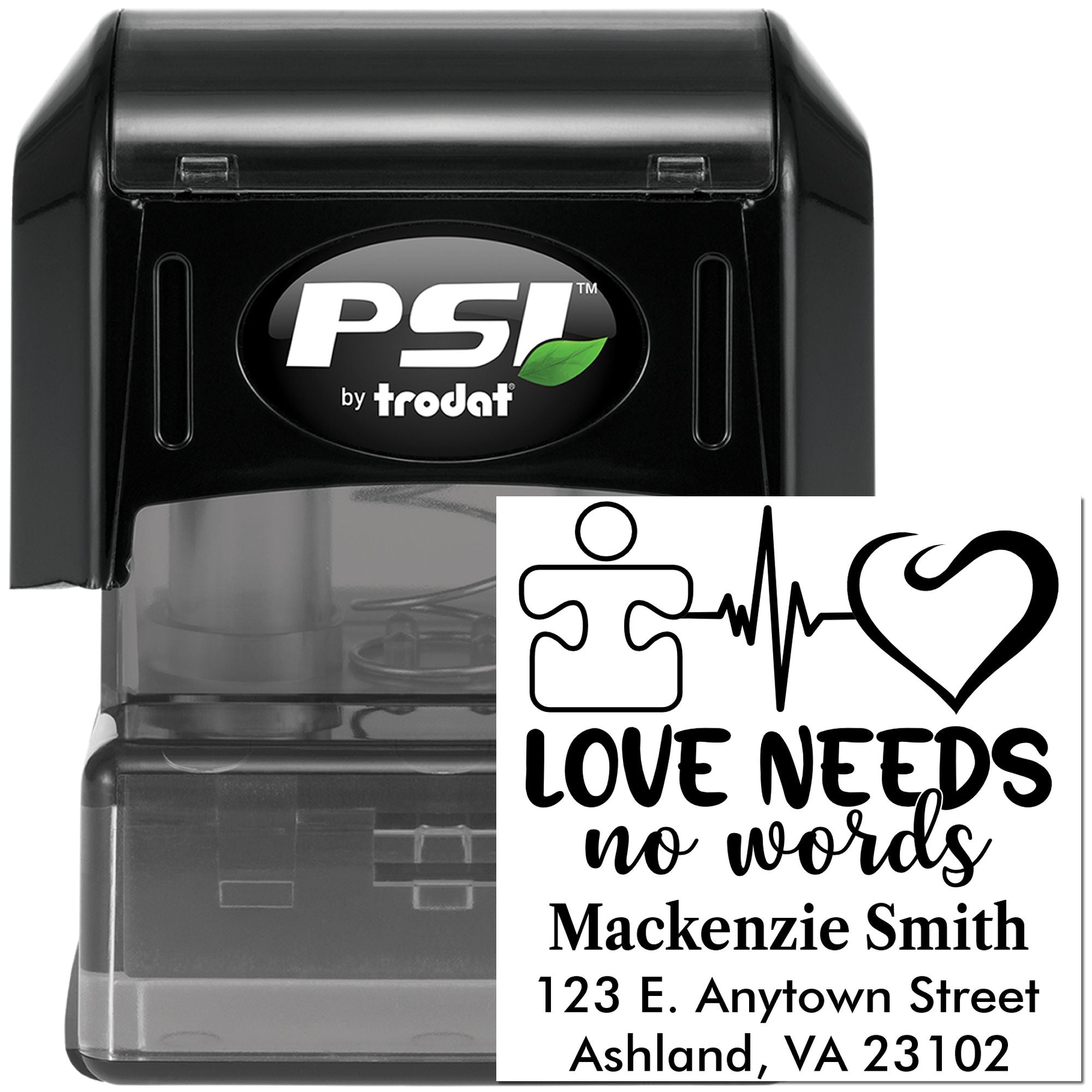 Custom PSI by Trodat self-inking rubber stamp with Love Needs No Words design and personalized name and address.