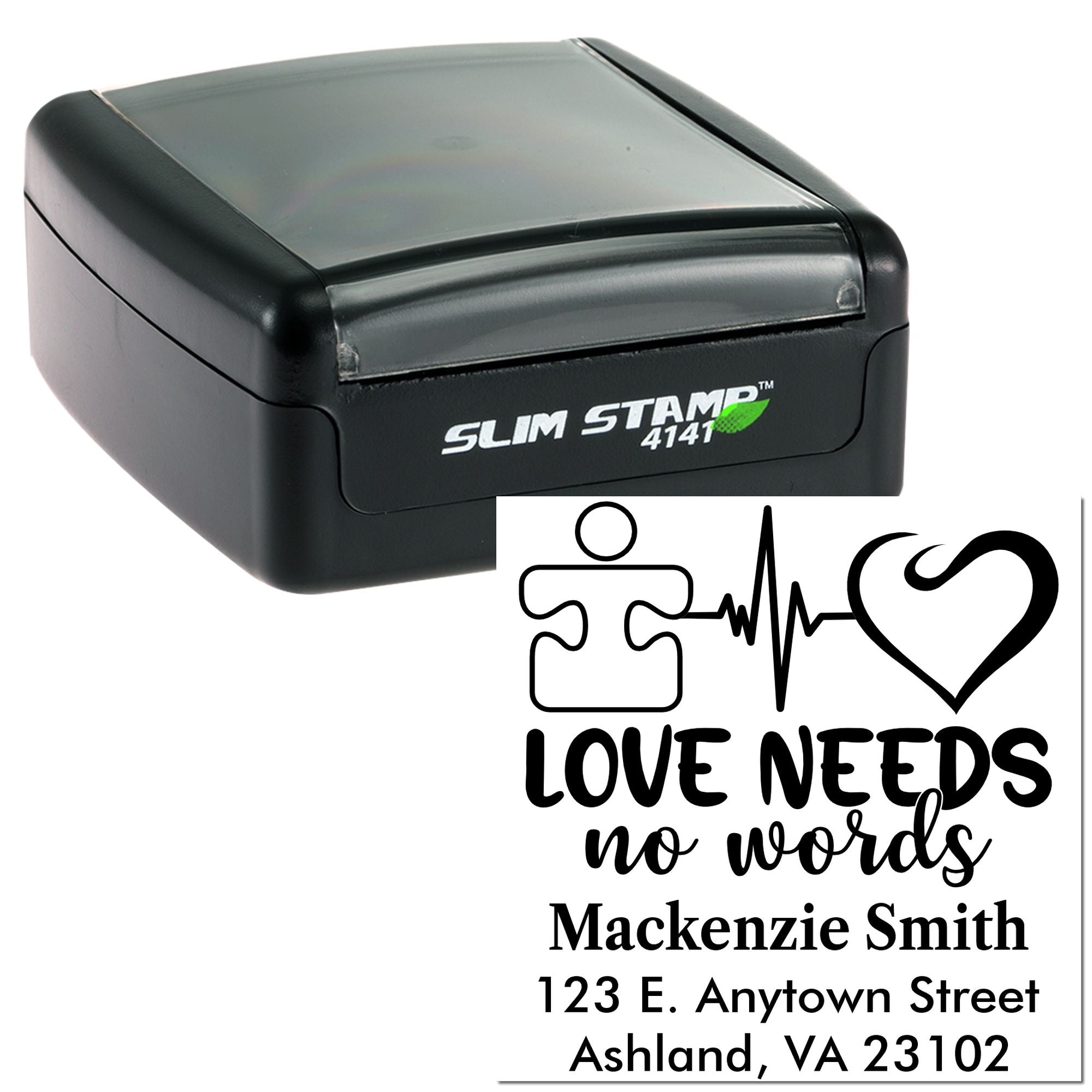 Slim Stamp 4141 custom self-inking rubber stamp with Love Needs No Words design and return address.