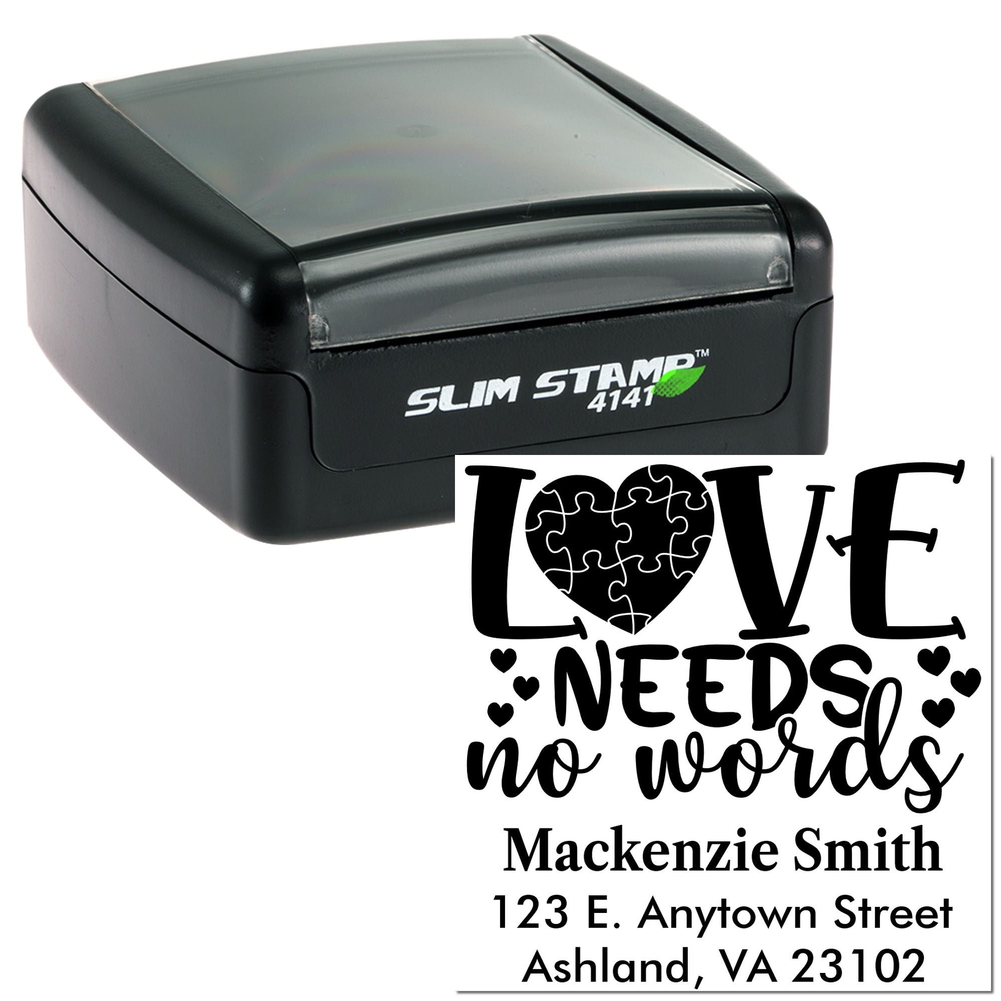 Slim Stamp 4141 self-inking rubber stamp with custom Love Needs No Words address design for personalized mailings.