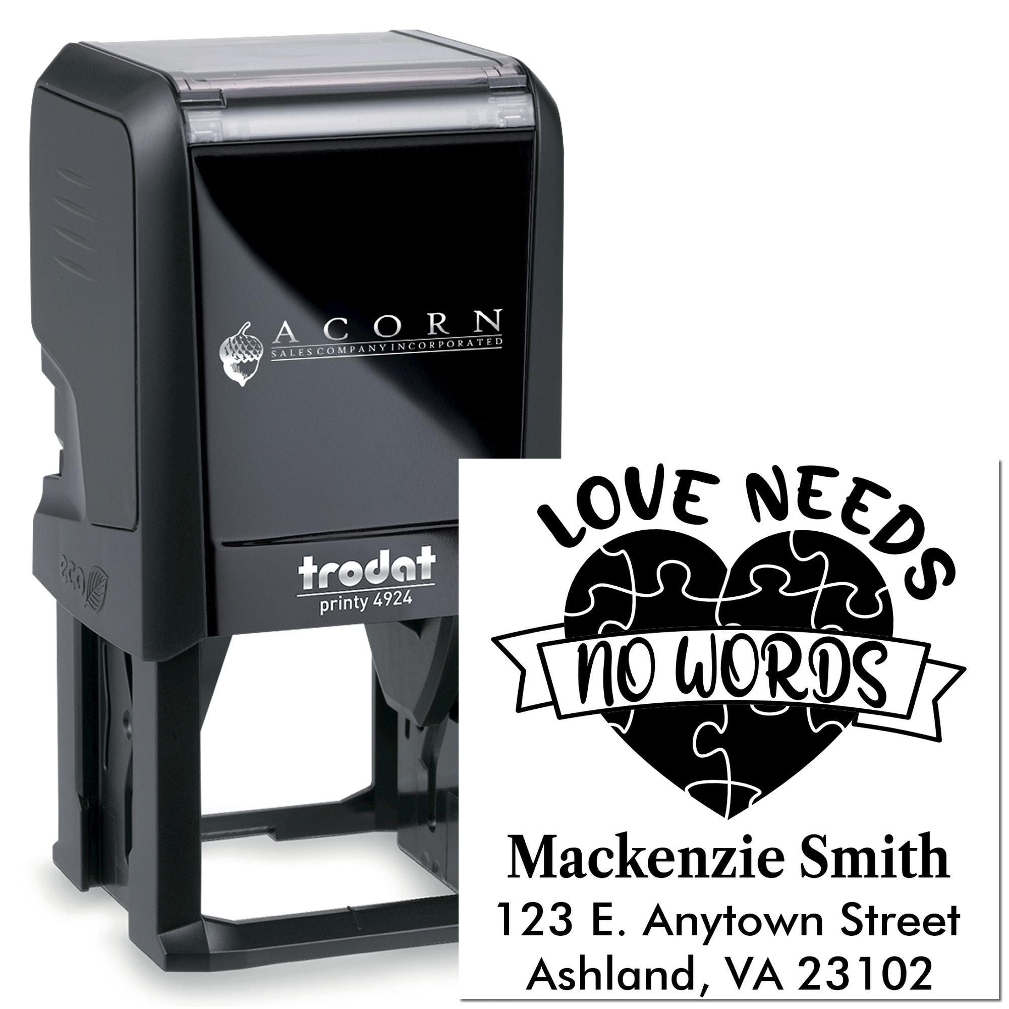 Personalized self-inking rubber stamp with Love Needs No Words heart design and custom return address.