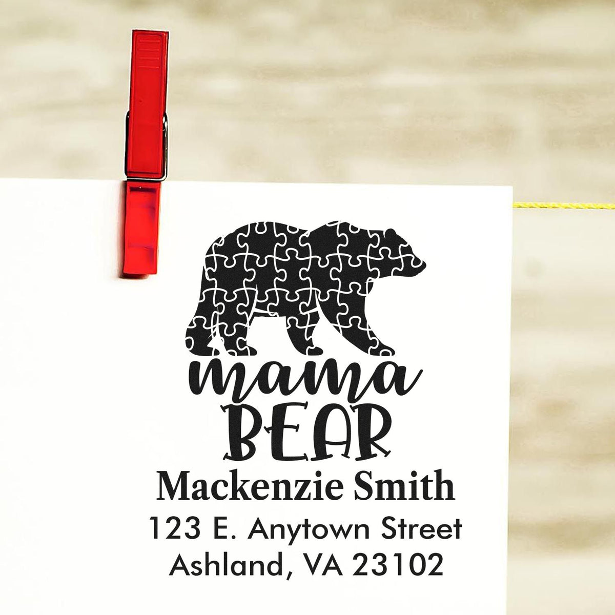 Personalized Mama Bear rubber stamp with bear design and return address for custom family mailing.