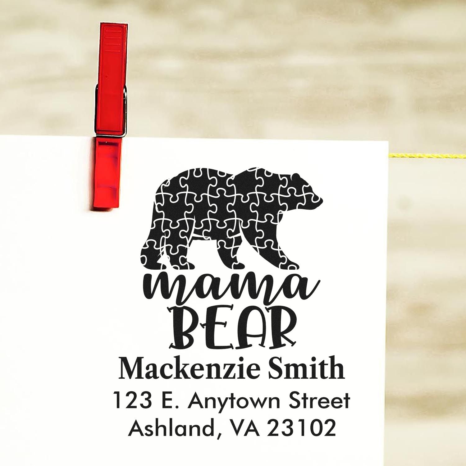 Custom mama bear return address rubber stamp with puzzle bear design, name, street address, and Ashland, VA ZIP code.