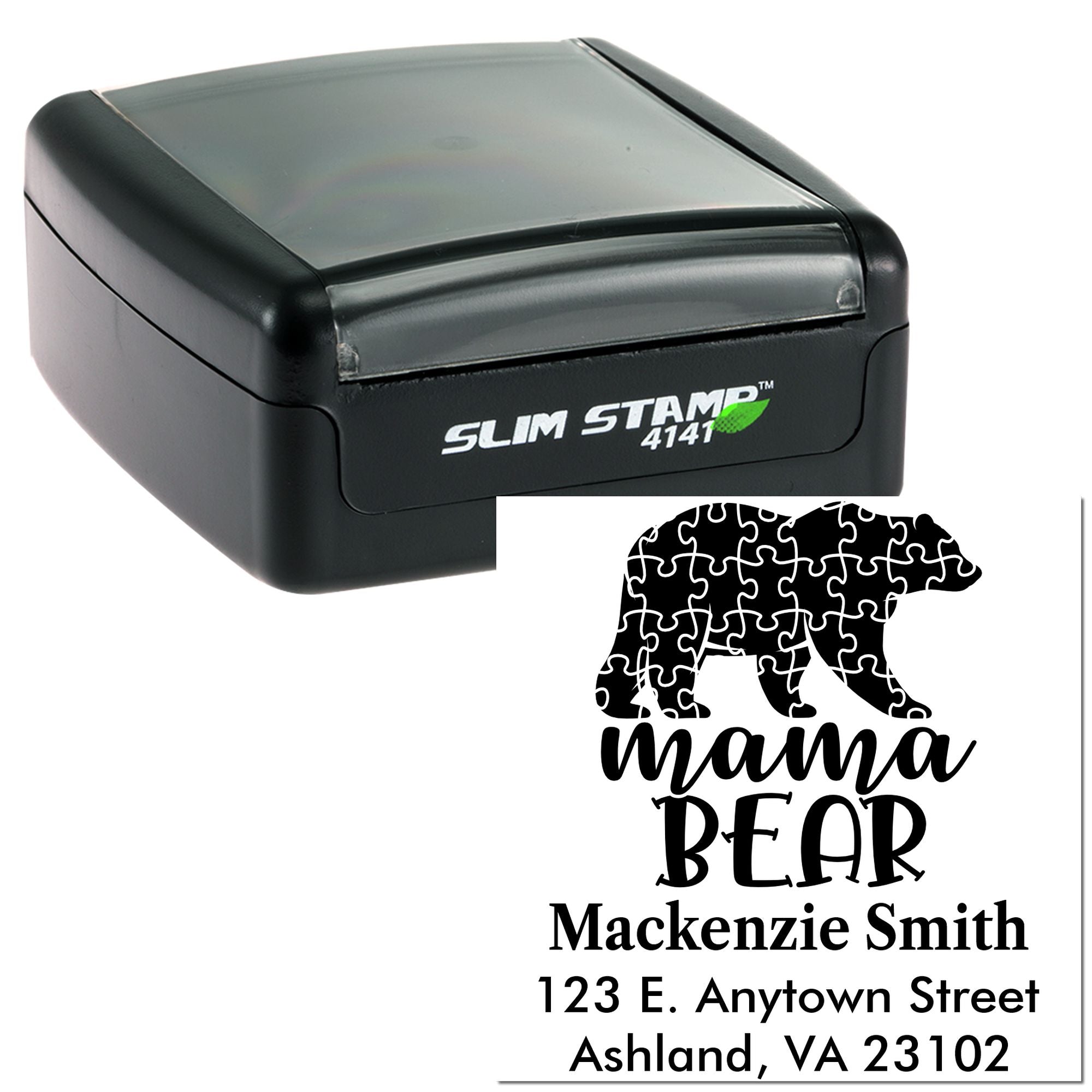 Slim self-inking custom rubber stamp with bear mama design and personalized return address imprint