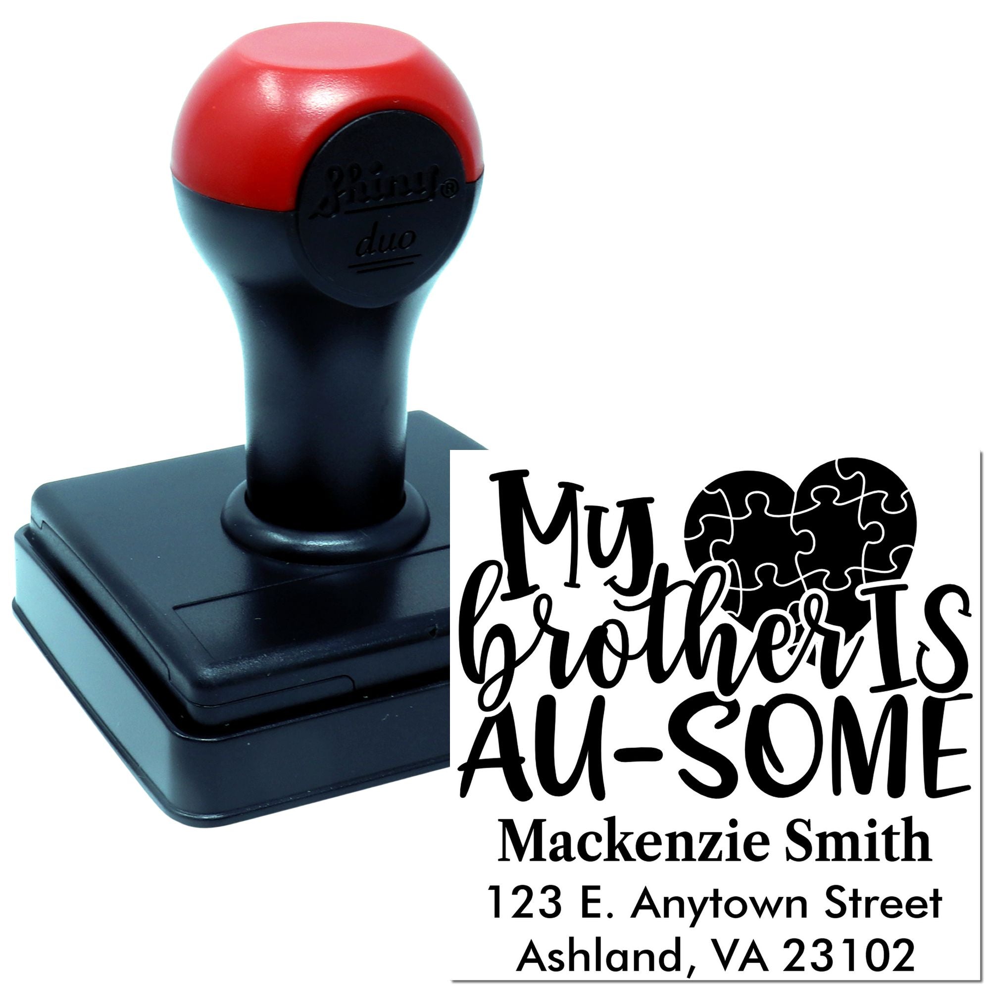 Custom self-inking rubber stamp with My brother is AU-SOME autism awareness design and personalized address text.