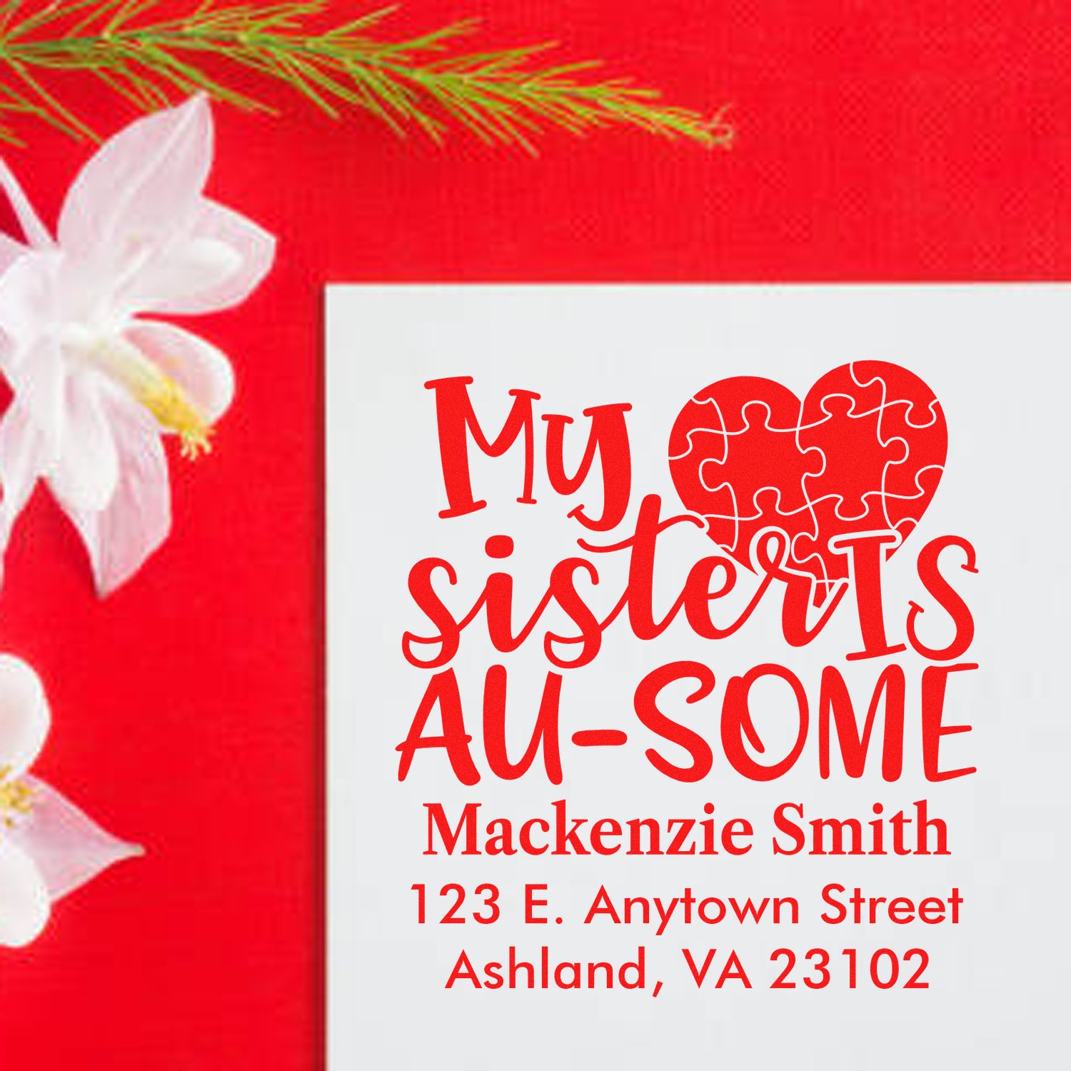 Custom rubber stamp for autism awareness: My sister is AU-SOME puzzle-heart design personalized with name and address.