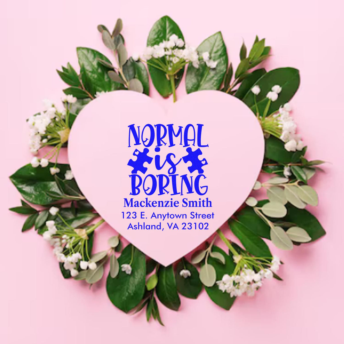 Personalized rubber stamp design with Normal Is Boring, custom name, and address for envelopes, crafts, and gifts.