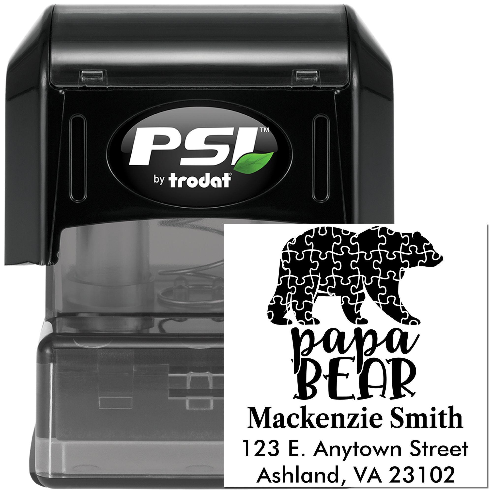 Custom self-inking rubber address stamp with puzzle bear design for Papa Bear, personalized return address by PSI Trodat.