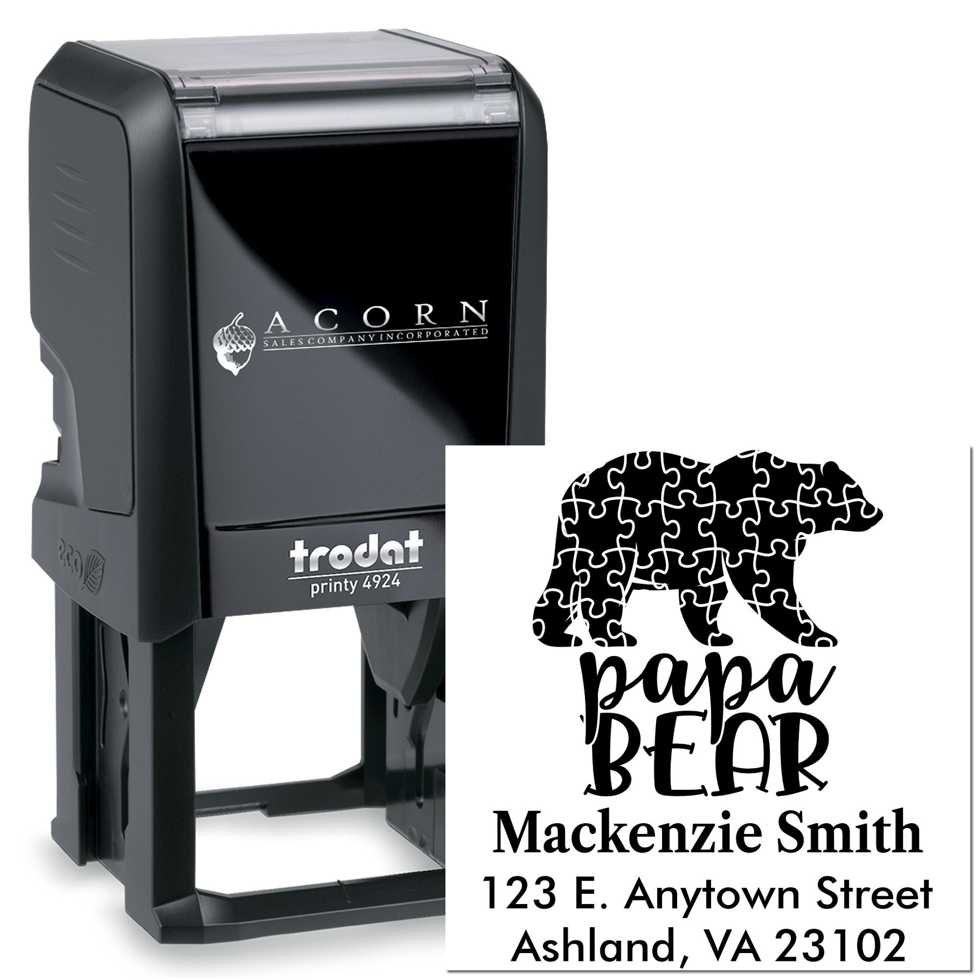 Custom self-inking rubber stamp with puzzle bear design and personalized papa bear address imprint, shown on Trodat Printy stamp.