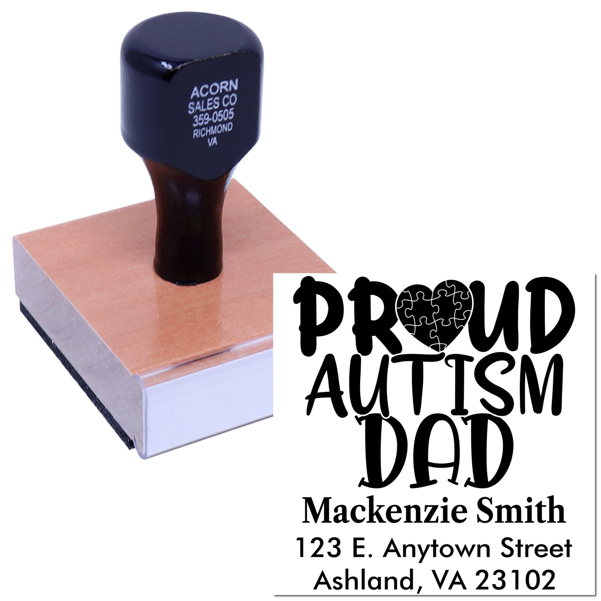 Personalized rubber stamp for Proud Autism Dad with name and address, shown on a self-inking stamp and ink pad.