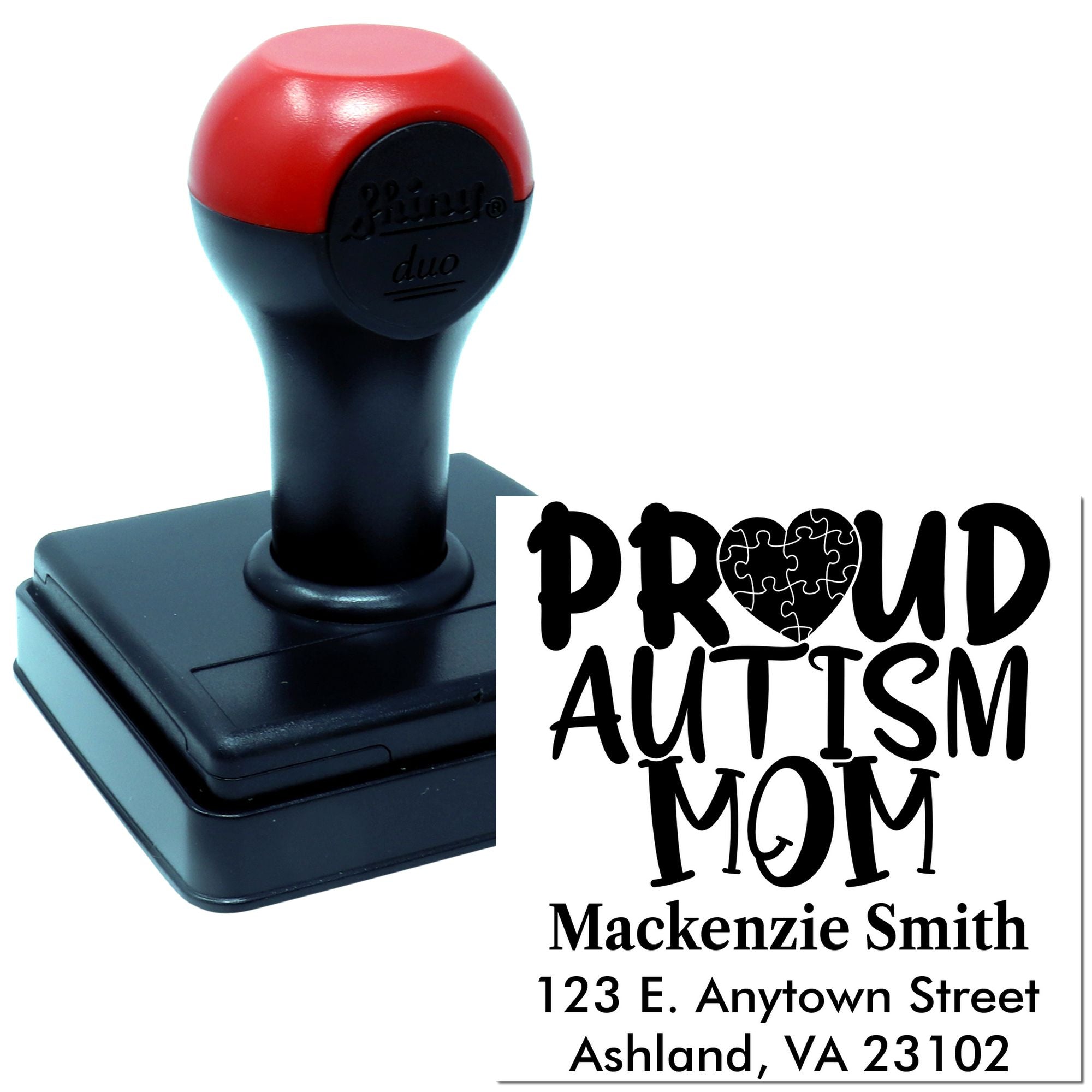 Personalized self-inking rubber stamp featuring Proud Autism Mom design with custom name and address.