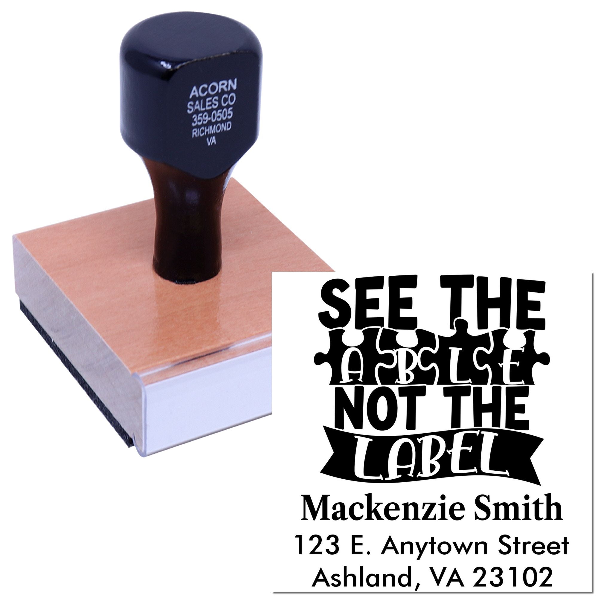 Custom rubber stamp with personalized logo and address imprint, featuring See the Label design for branding and mailing.