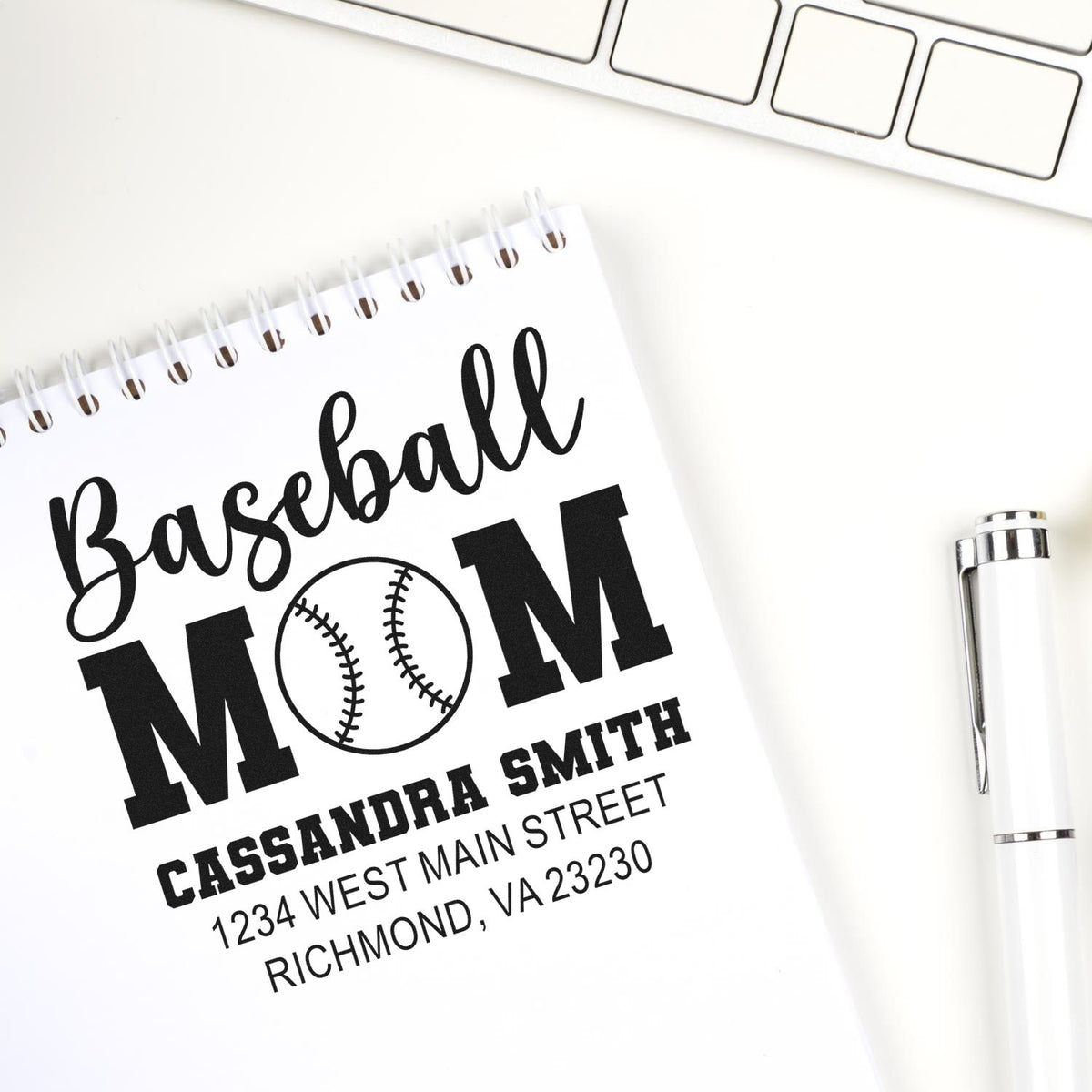 Personalized baseball mom rubber stamp with name and address for custom sports-themed stationery, mailings, and gifts.