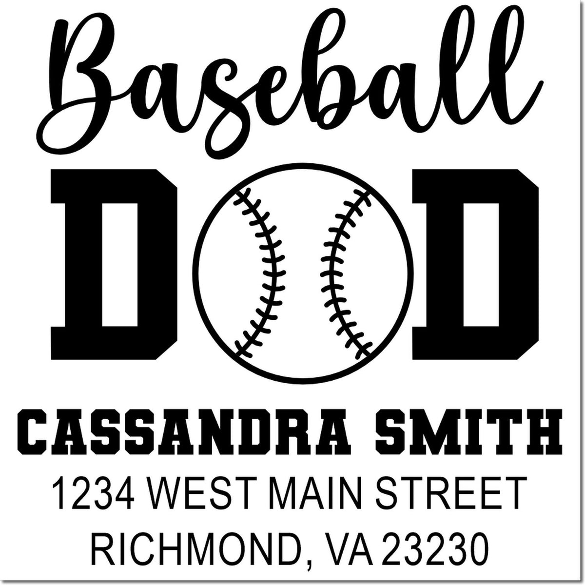 Custom baseball dad rubber stamp with Cassandra Smith name and address for personalized sports-themed mailings.