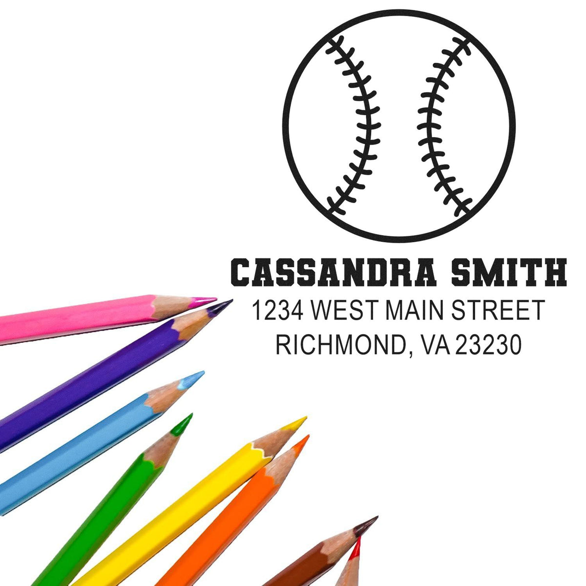 Personalized baseball return address rubber stamp for Cassandra Smith, Richmond VA, with colorful pencil design.