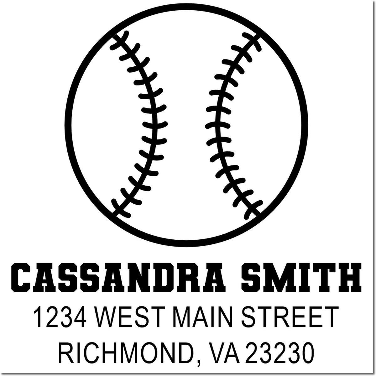 Custom baseball return address rubber stamp for Cassandra Smith, 1234 West Main Street, Richmond, VA 23230.