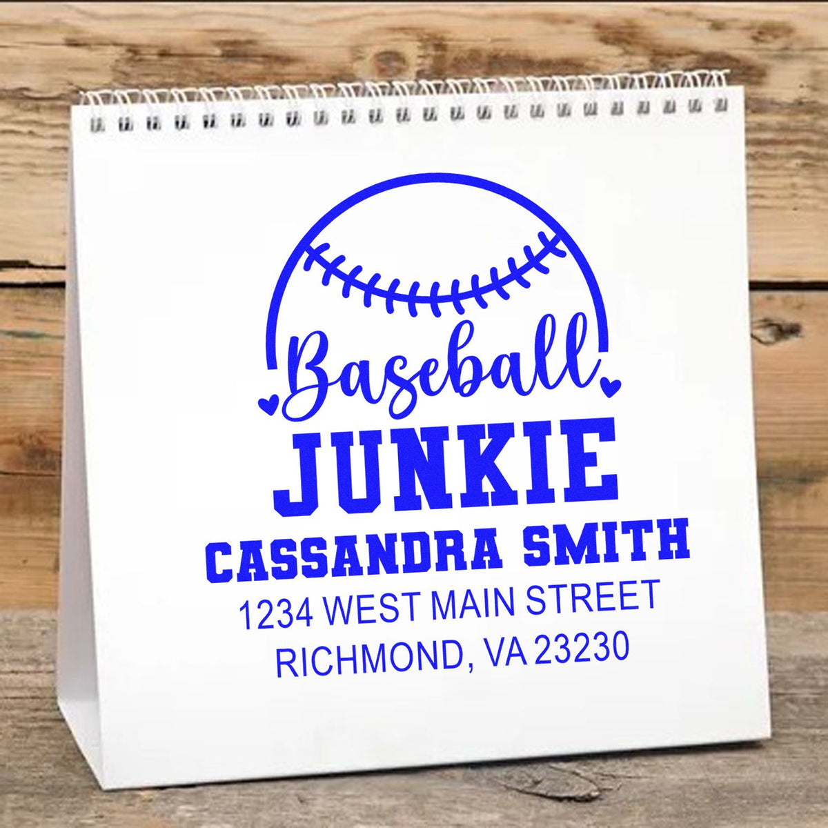 Baseball Junkie custom return address rubber stamp with name and address for personalized sports-themed mailings.