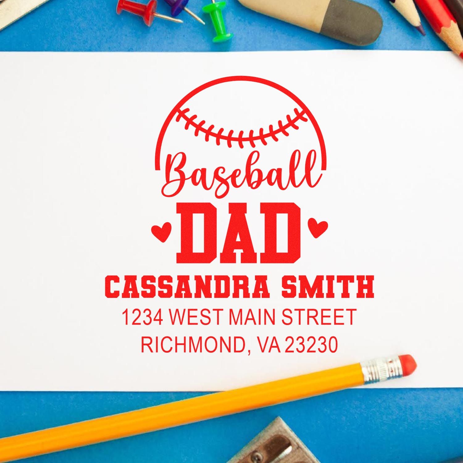 Custom baseball dad address rubber stamp with name and home address, perfect for sports-themed cards, invitations, and gifts.