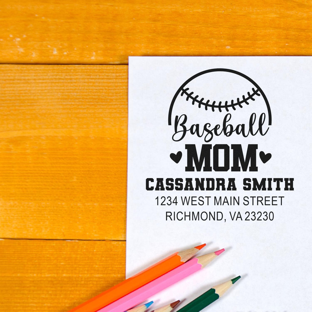 Custom baseball mom rubber stamp with personalized name and address for sports mailers, gifts, and stationery.
