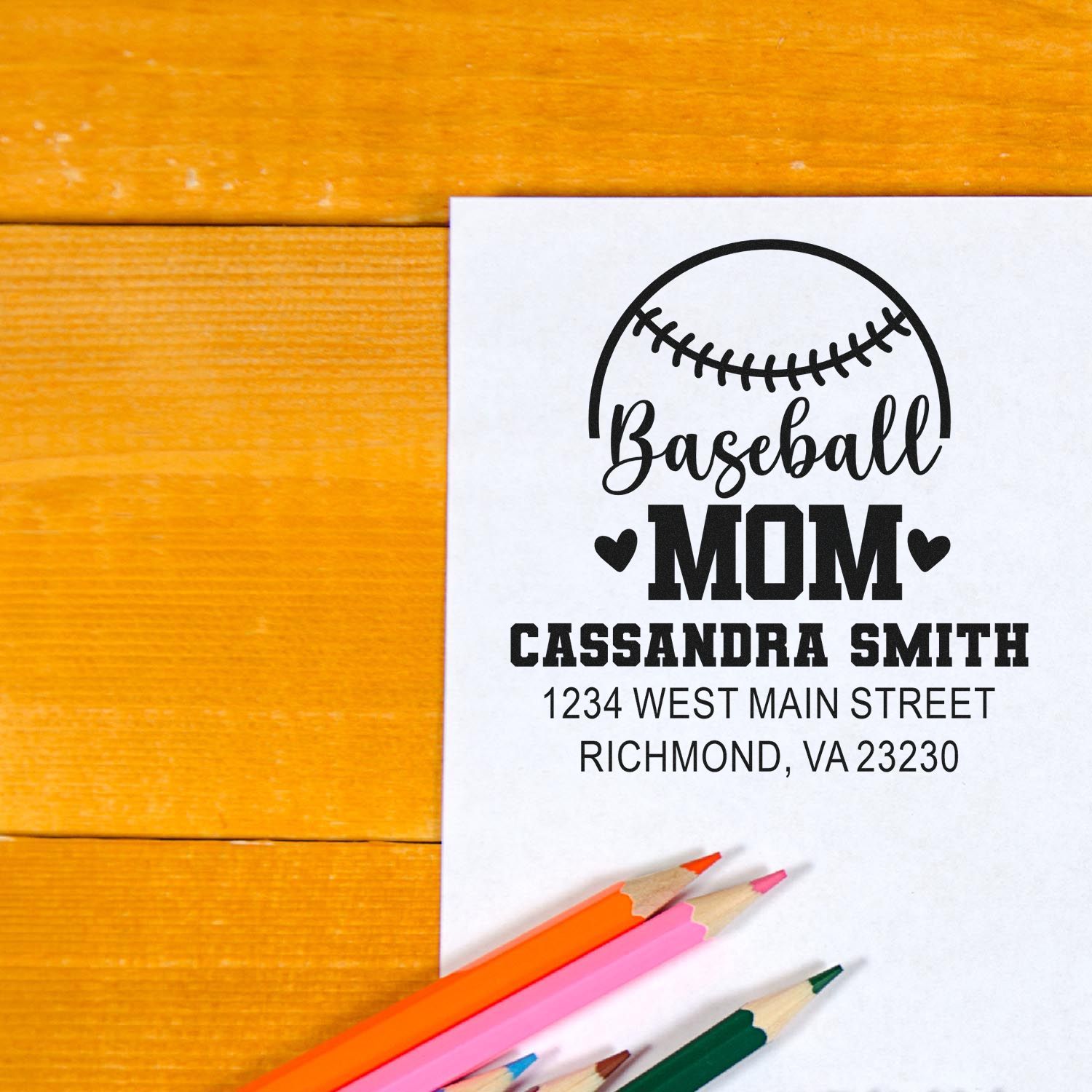 Custom baseball mom rubber stamp design with personalized name and address for stationery or gifts.