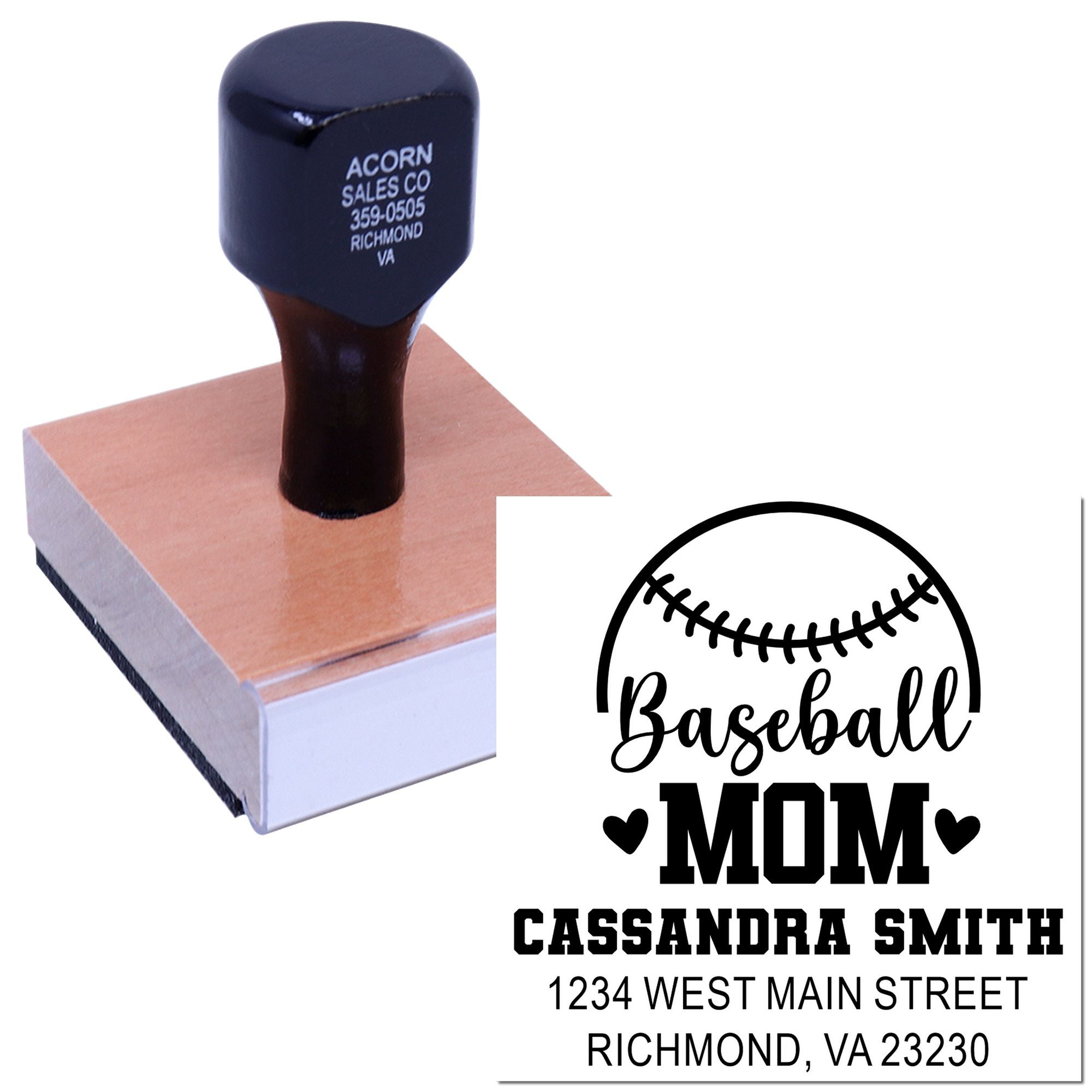 Personalized baseball mom rubber stamp with name and address, ideal for mailing, scrapbook pages, and sports gifts.