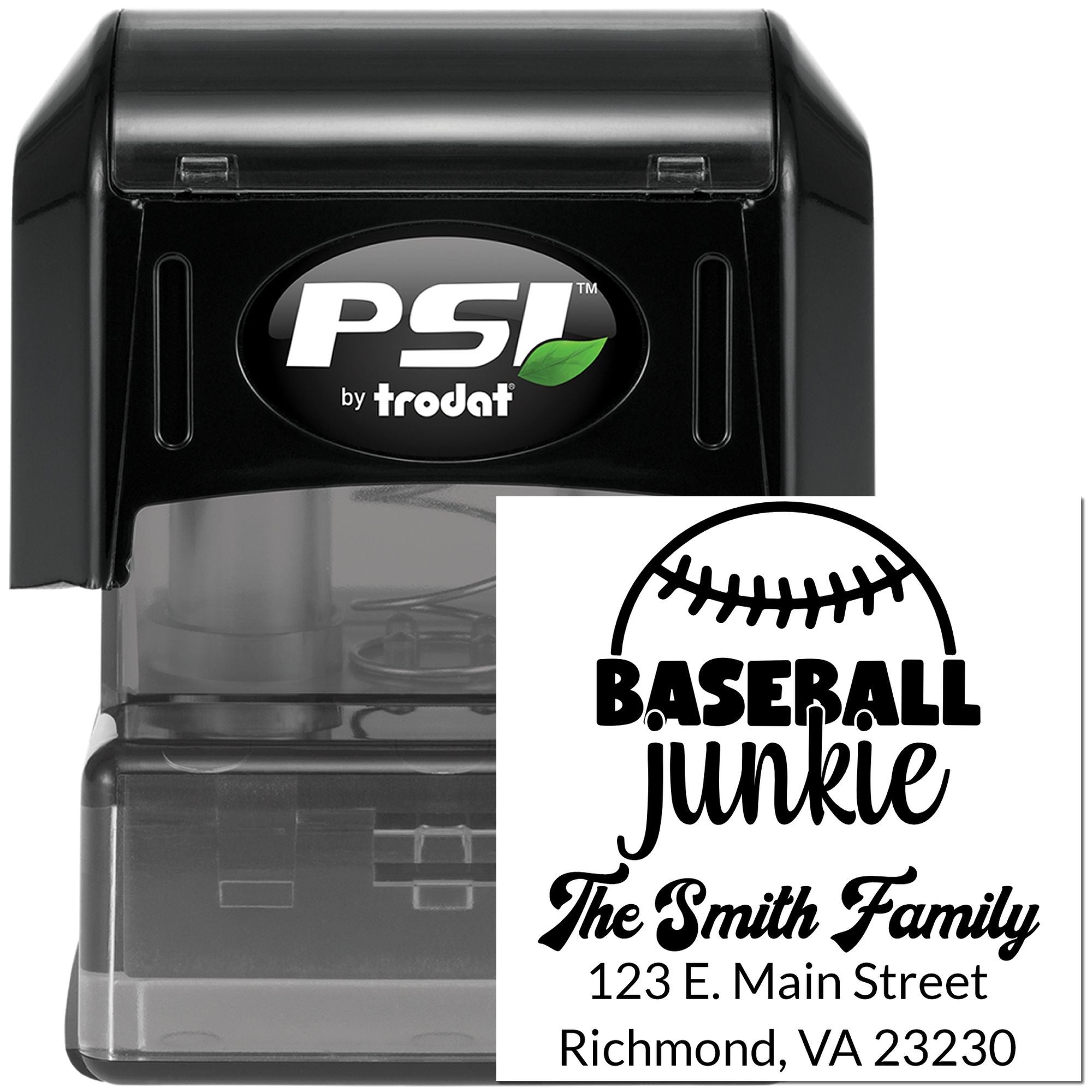 PSI by Trodat self-inking custom rubber address stamp with baseball junkie design and return address for The Smith Family.