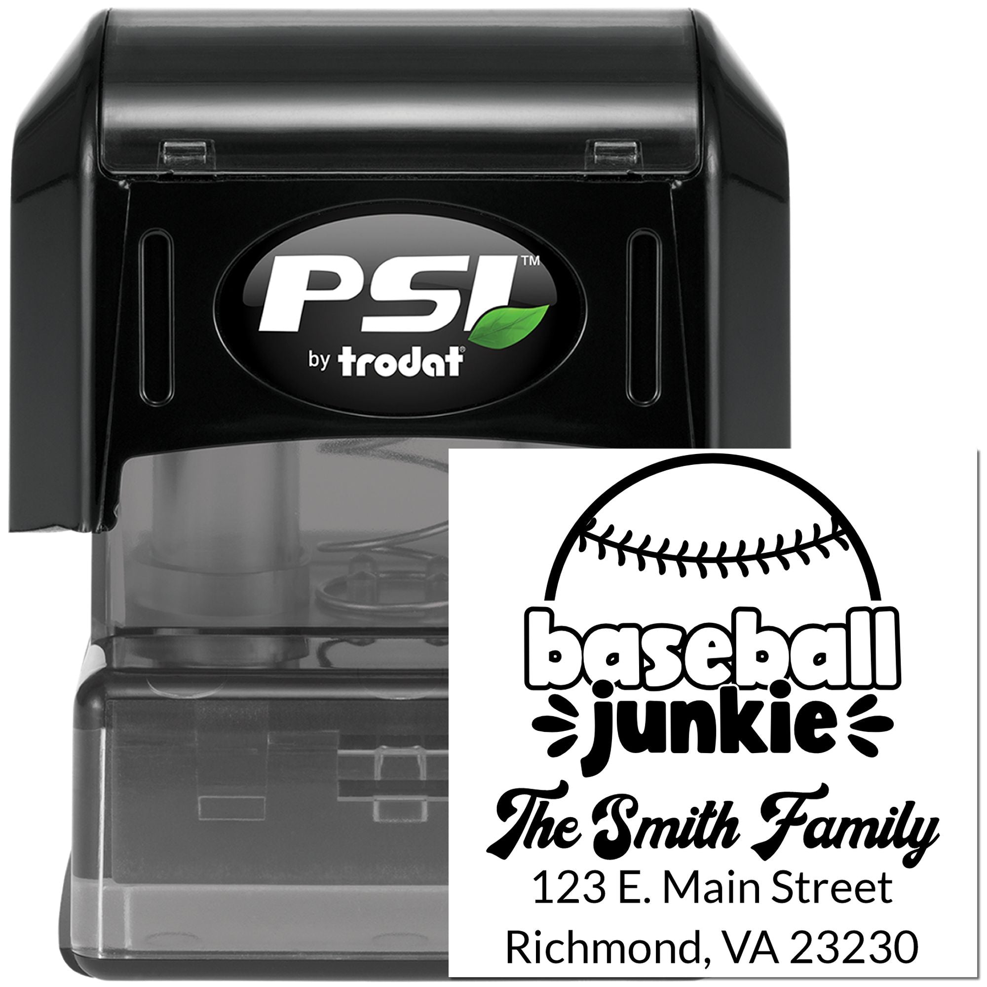 PSI by Trodat custom self-inking rubber stamp with baseball junkie return address design for The Smith Family, Richmond VA