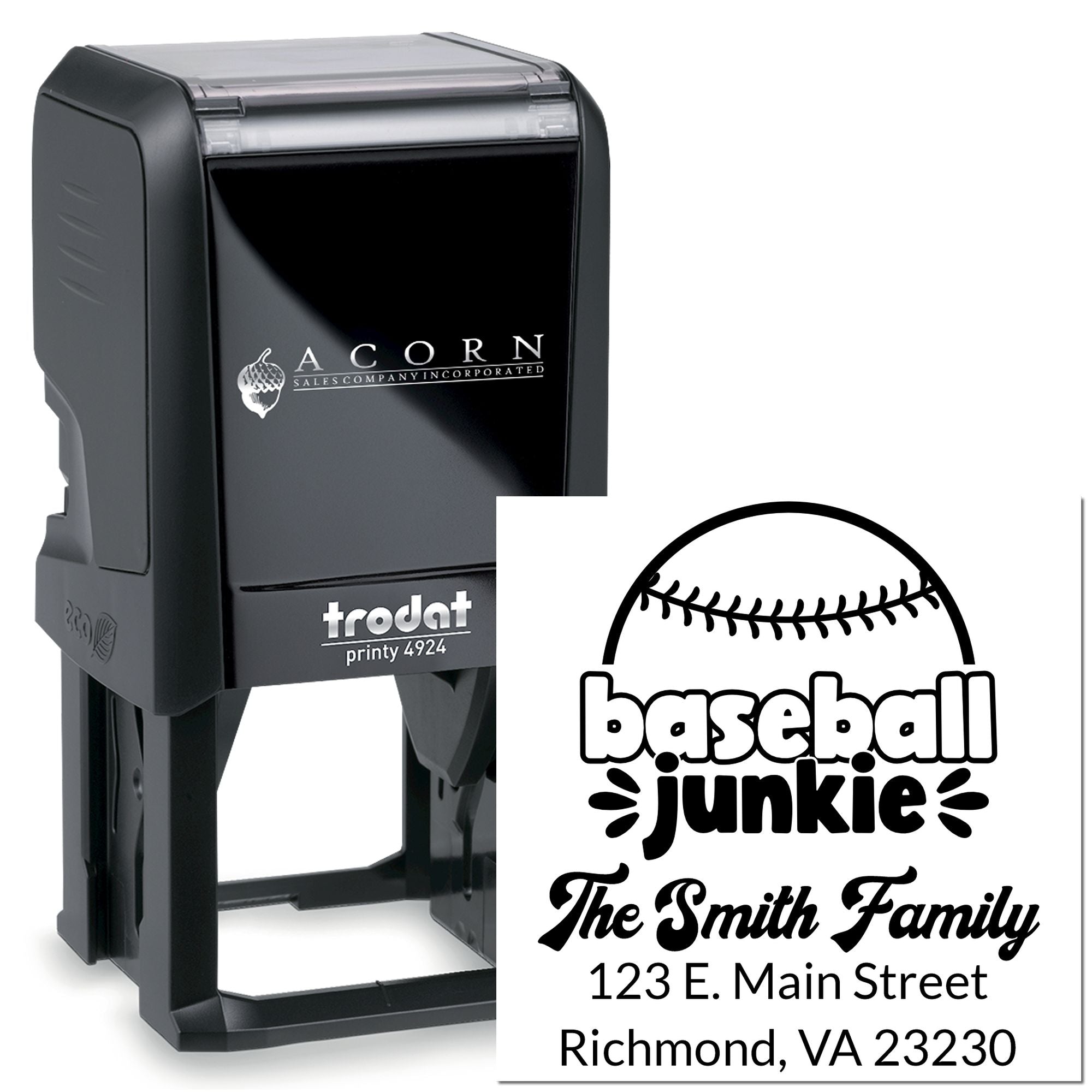 Custom self-inking rubber stamp for baseball fans, featuring a Baseball Junkie family address design.