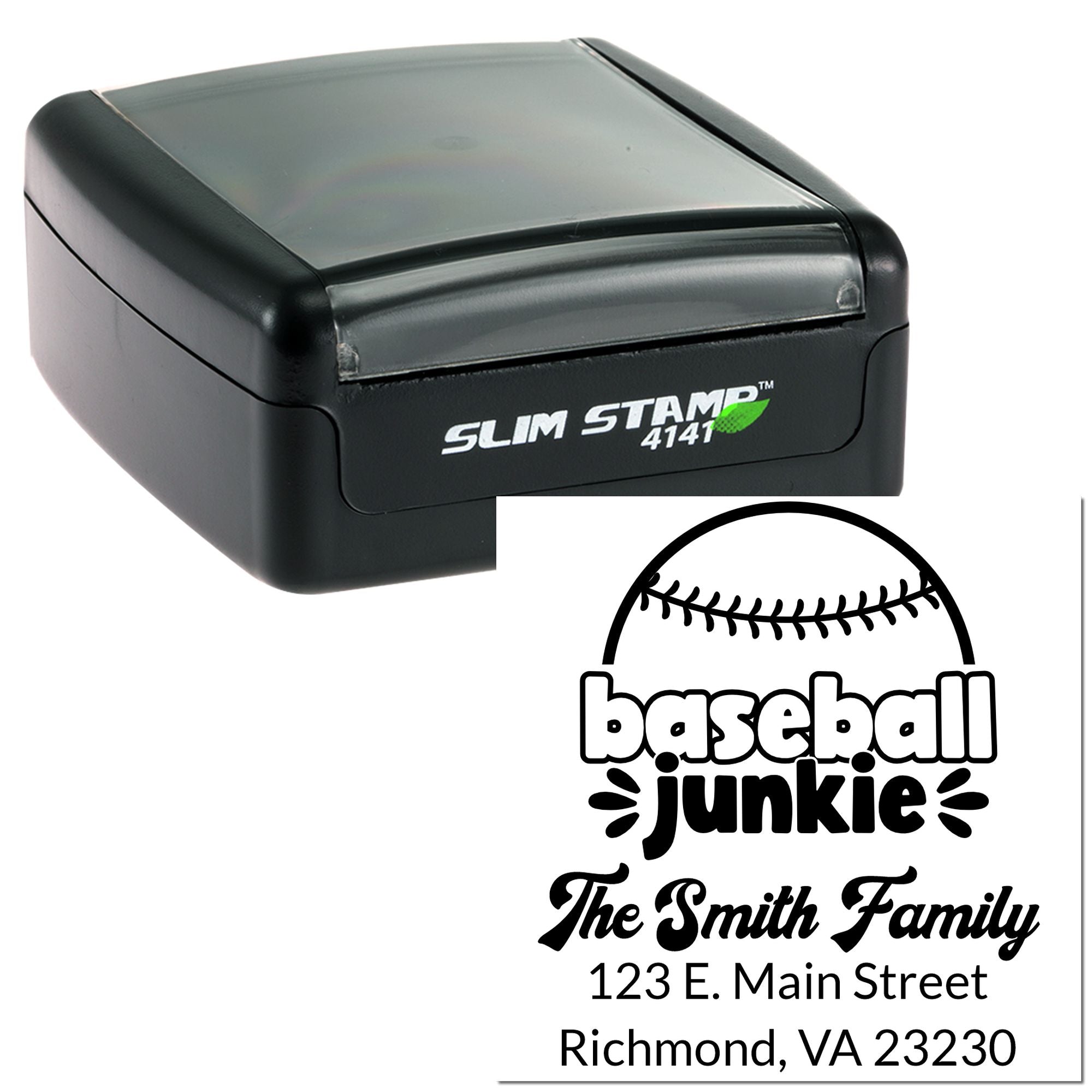 Custom self-inking rubber stamp for baseball fans, featuring family name and address imprint with Slim Stamp 4141 case.