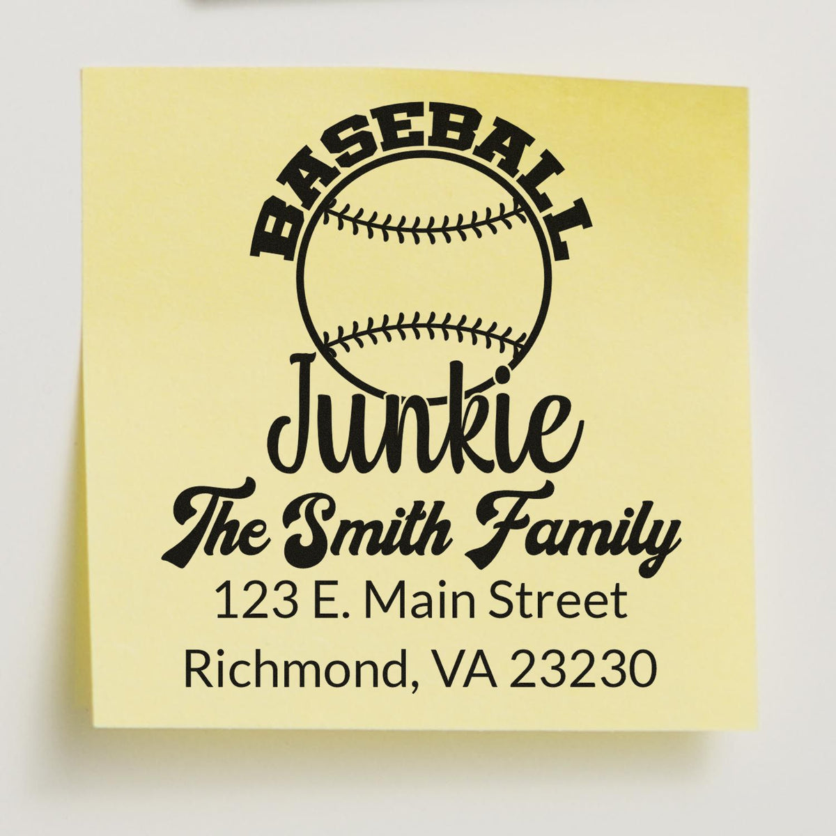 Personalized baseball return address rubber stamp for The Smith Family, Richmond, VA 23230