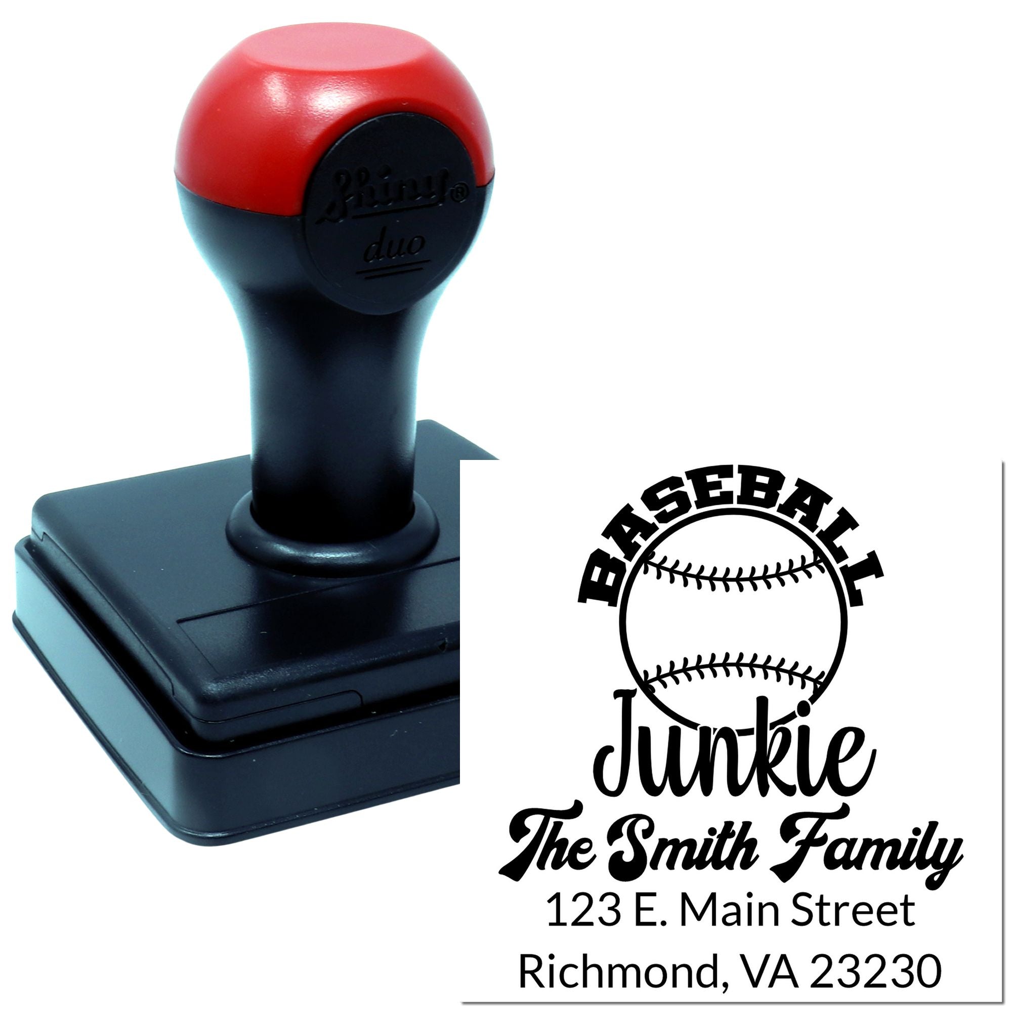 Custom baseball return address rubber stamp with self-inking handle, showing Baseball Junkie family address design.