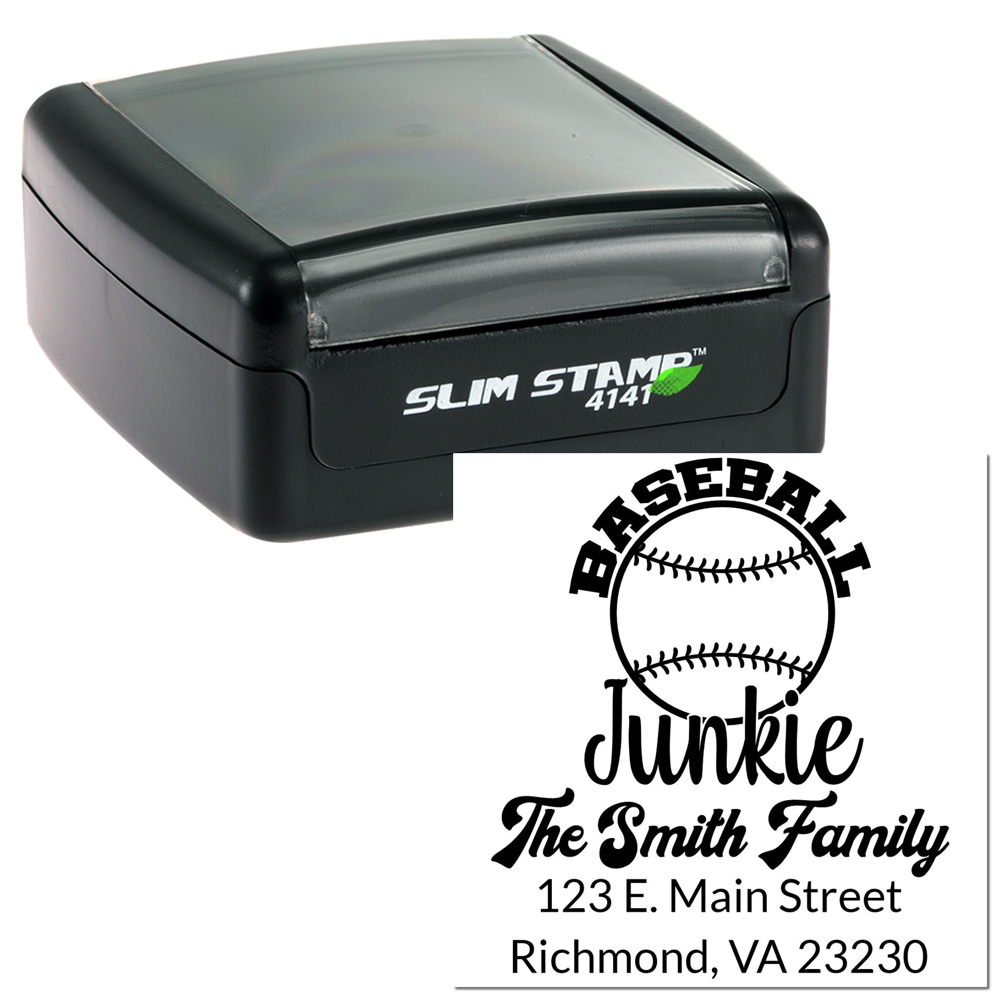 Custom baseball address rubber stamp with self-inking design, featuring family name and Richmond, VA return address.