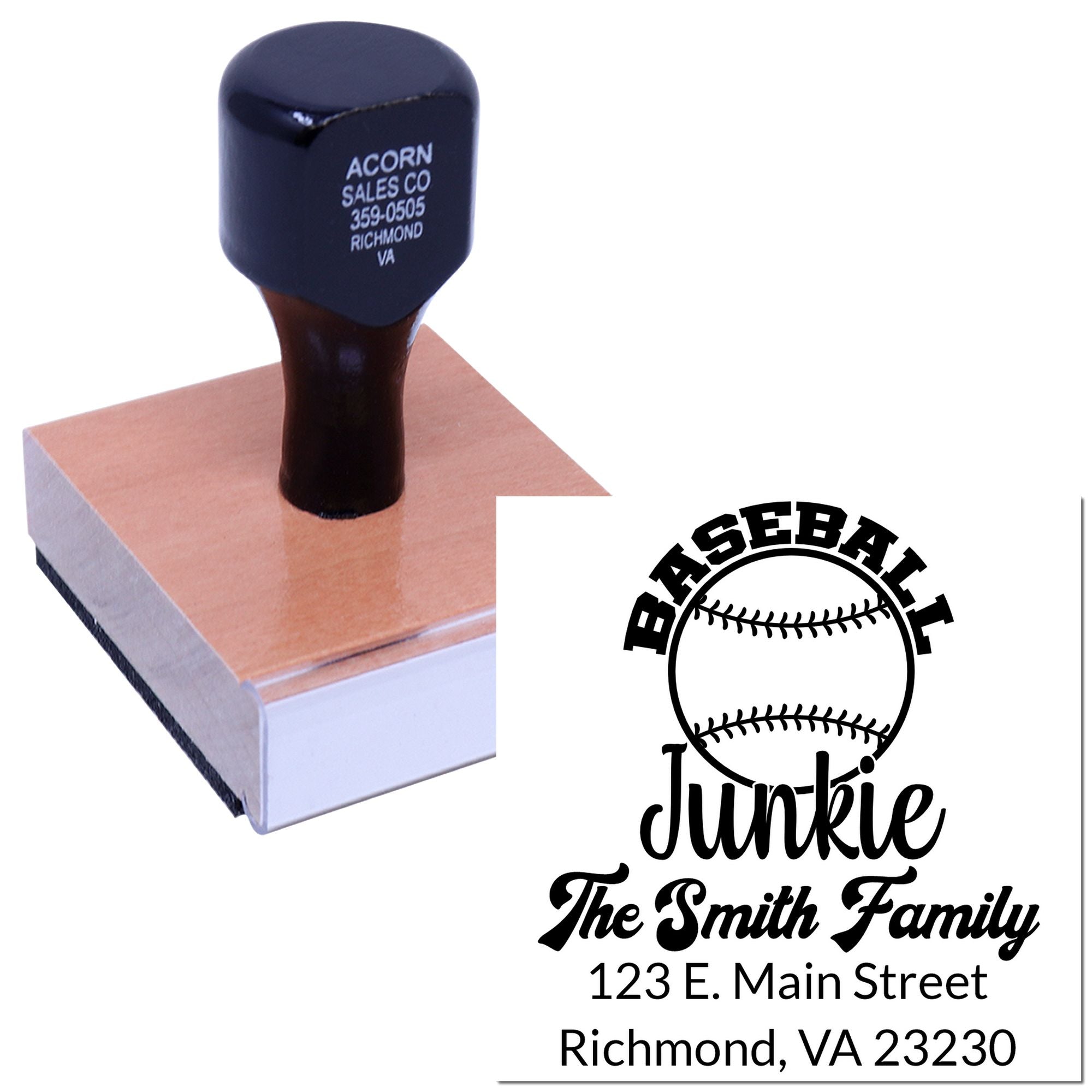 Custom baseball junkie address rubber stamp with family name and Richmond, VA return address.