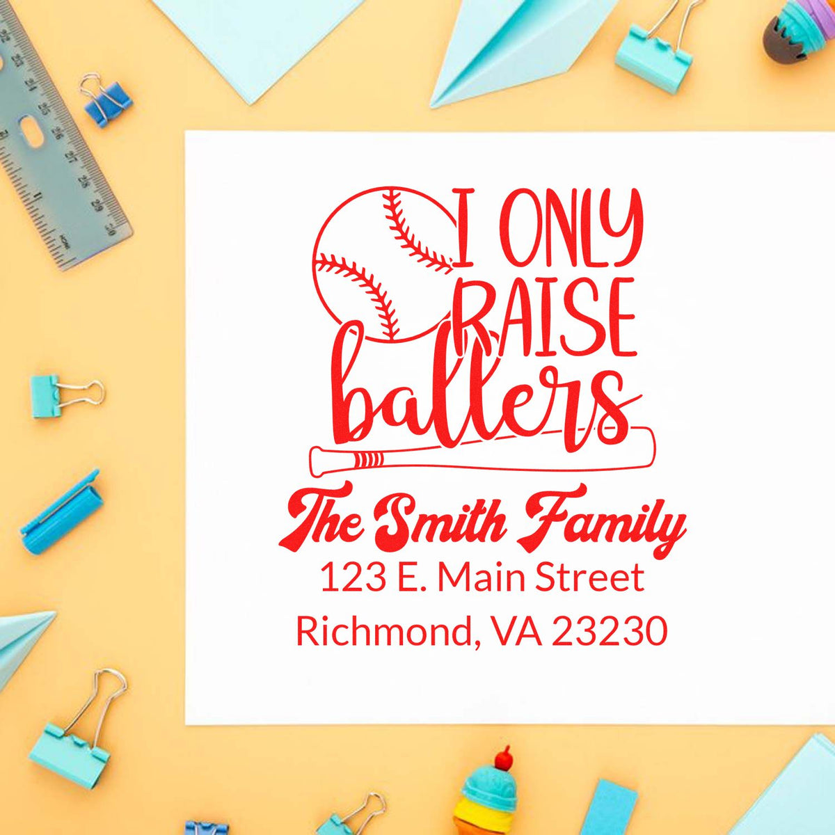 Custom baseball family return address rubber stamp with I only raise ballers for The Smith Family, Richmond, VA.