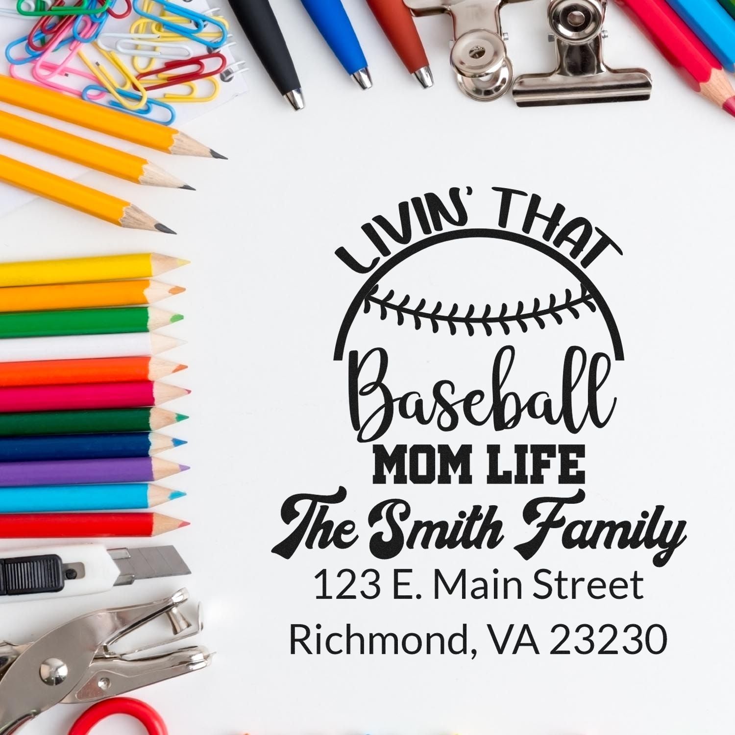 Custom rubber stamp design with baseball mom life, family name, and address for personalized stationery and mailing.
