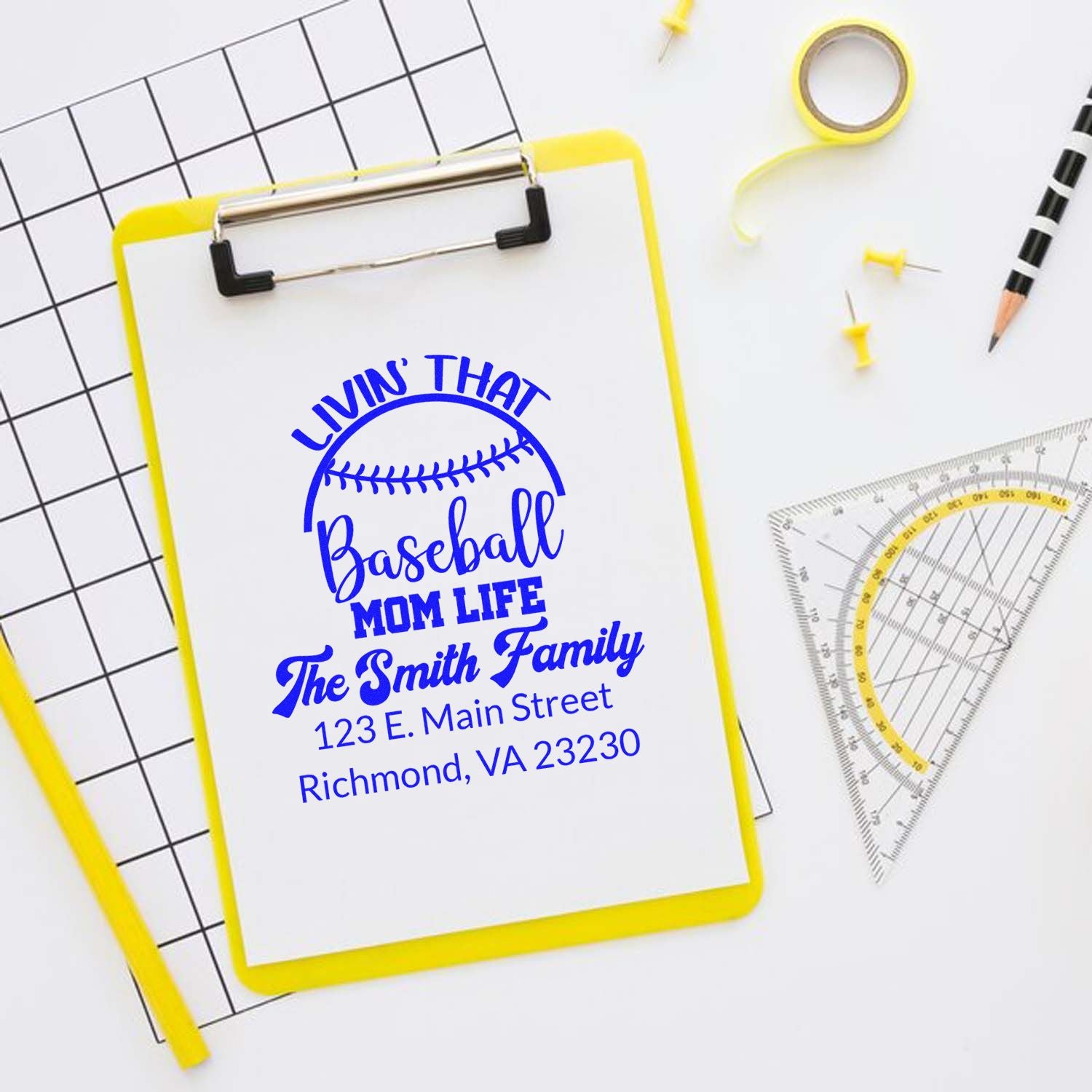 Personalized baseball mom life rubber stamp design with family name and address for custom return address use.