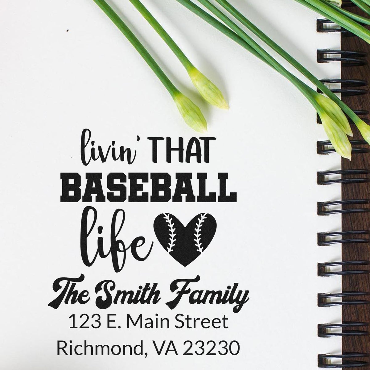 Custom baseball family address rubber stamp with Livin That Baseball Life design, name, street address, and city.