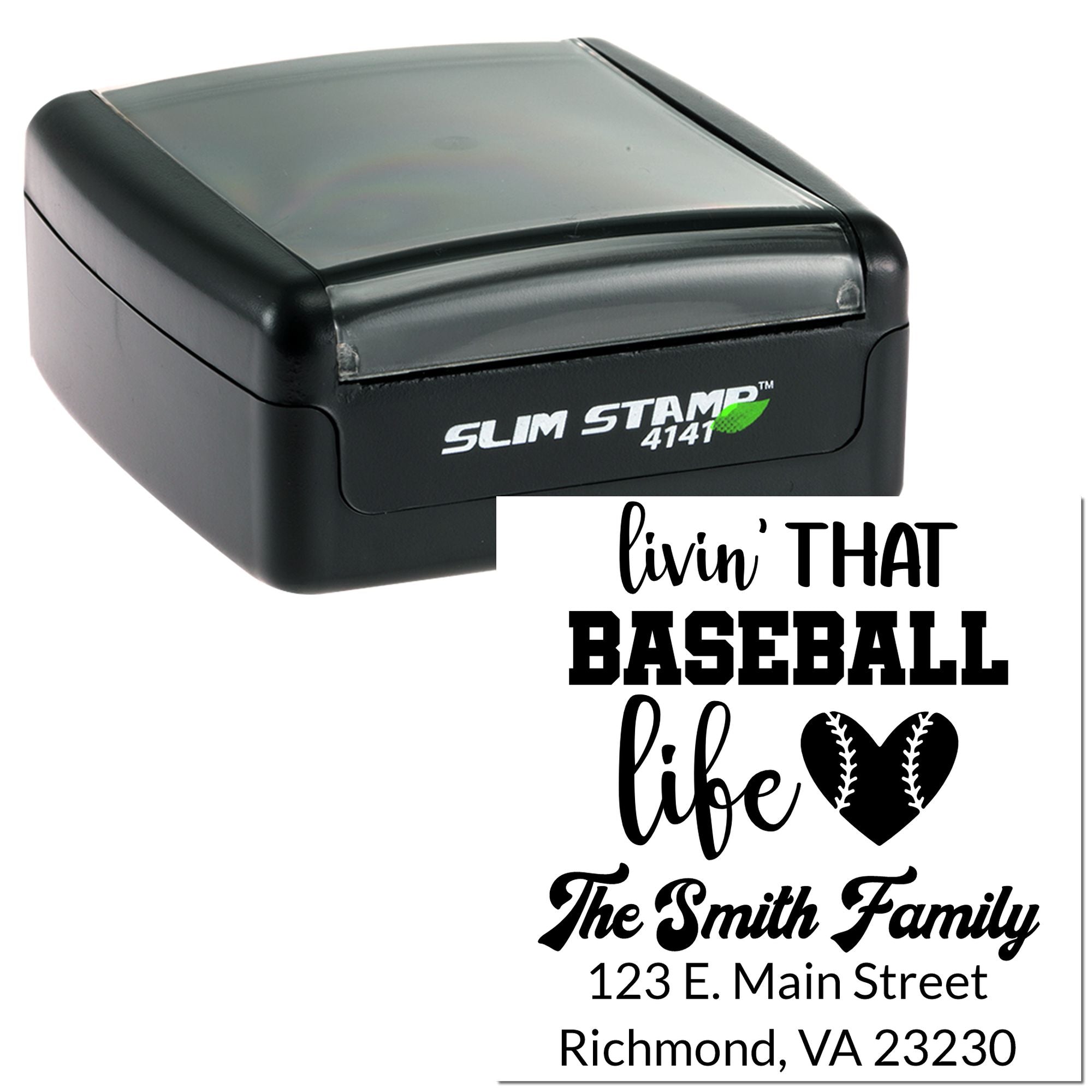 Custom self-inking rubber stamp with baseball-themed family name and return address, featuring livin that baseball life design.