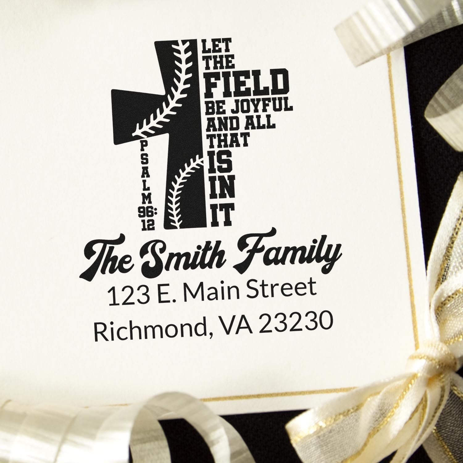 Personalized baseball-themed custom return address rubber stamp with Psalm 96:12 and family name for Christian stationery.